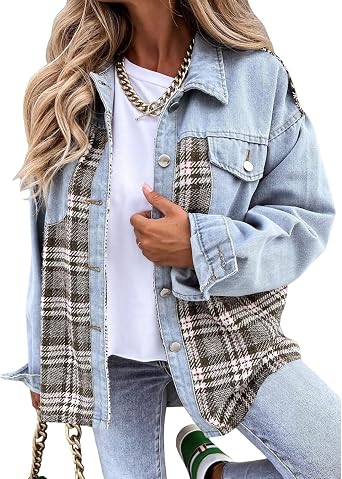 Womens Oversized Denim Jacket Casual Jean Jacket Long Sleeve Button Down Plaid Shacket Boyfriend Denim Jean Jackets