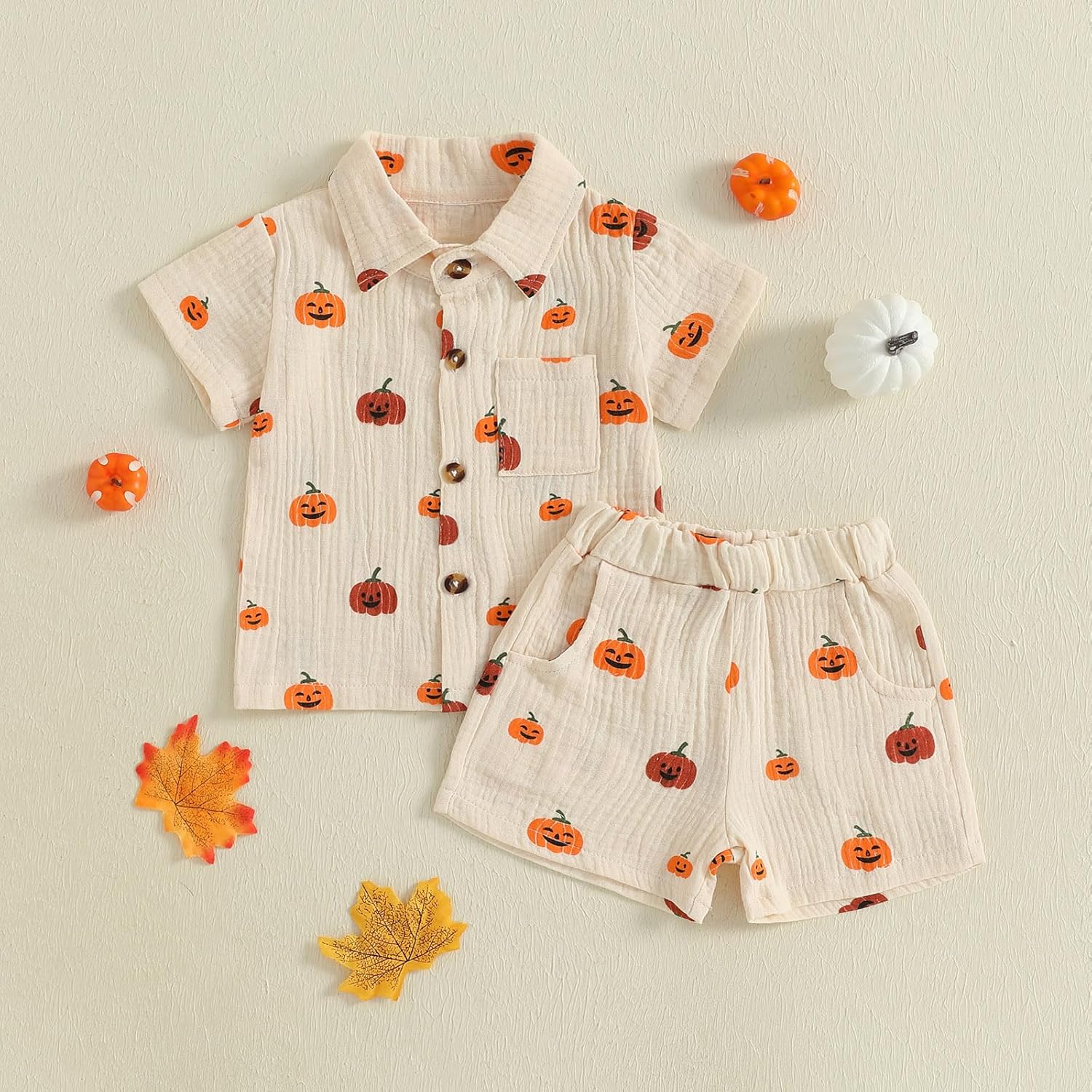 Toddler Baby Boy Halloween Outfit Pumpkin Cotton Linen Button Down Short Sleeve Shirt and Shorts 2 Piece Clothes Set - Image 5