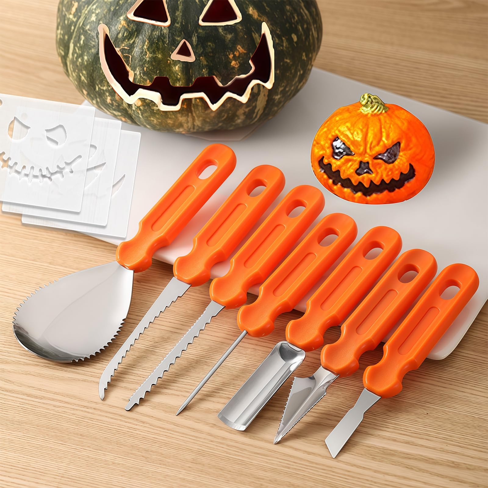 GWAWG 7 sztuk zestaw do wycinania dyni z 24 szablonami, zestaw do drążenia dyni, na dekoracje Halloween dla dzieci i rodziny