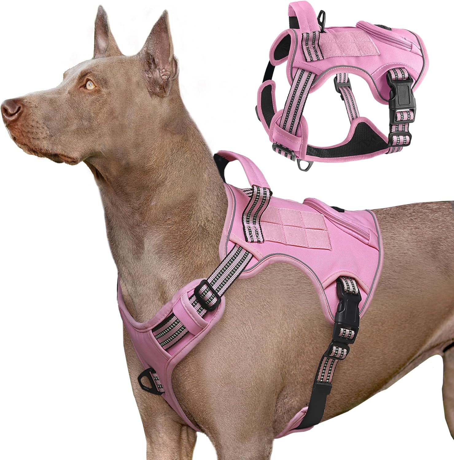Heavy Duty Tactical Dog Harness for Large Dogs, Adjustable Reflective Service Vest with Control Handle & 4 Patches, No Pull Soft Padded Military Pet Harness for Training Walking Hiking (Pink, M)