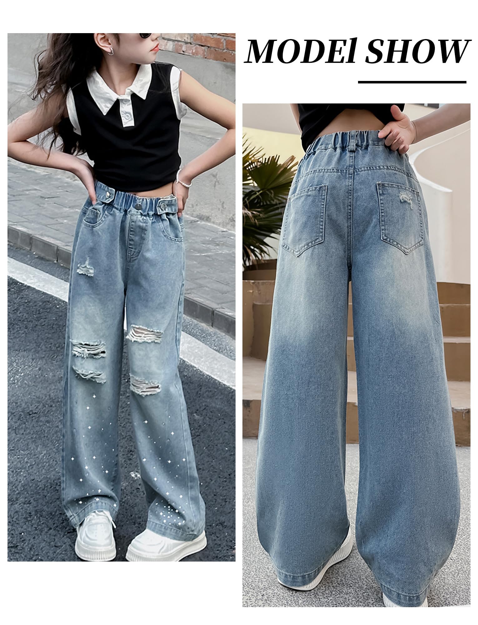 Jeans strappati da ragazza, vita alta elastica, gamba larga, pantaloni in denim invecchiato con tasche larghi casual streetwear 5-14 anni