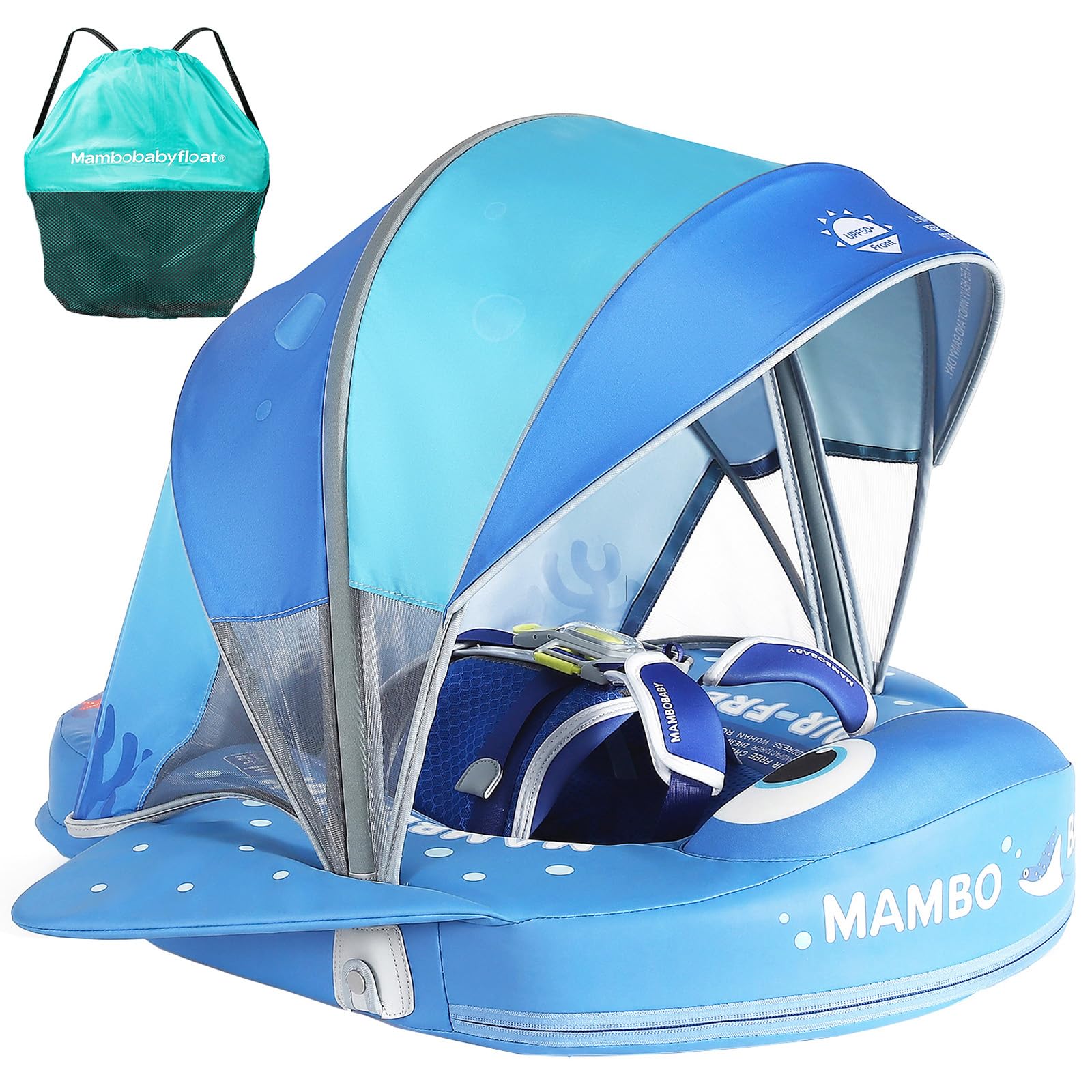 Mambobaby Float with Canopy & Portable Backpack Skin-friendly Baby Swim Float with Tail Waterproof Non-Inflatable Mambo Float Smart Swim Trainer Soft Solid Infant Pool Float 3-24 months Baby Swim Ring