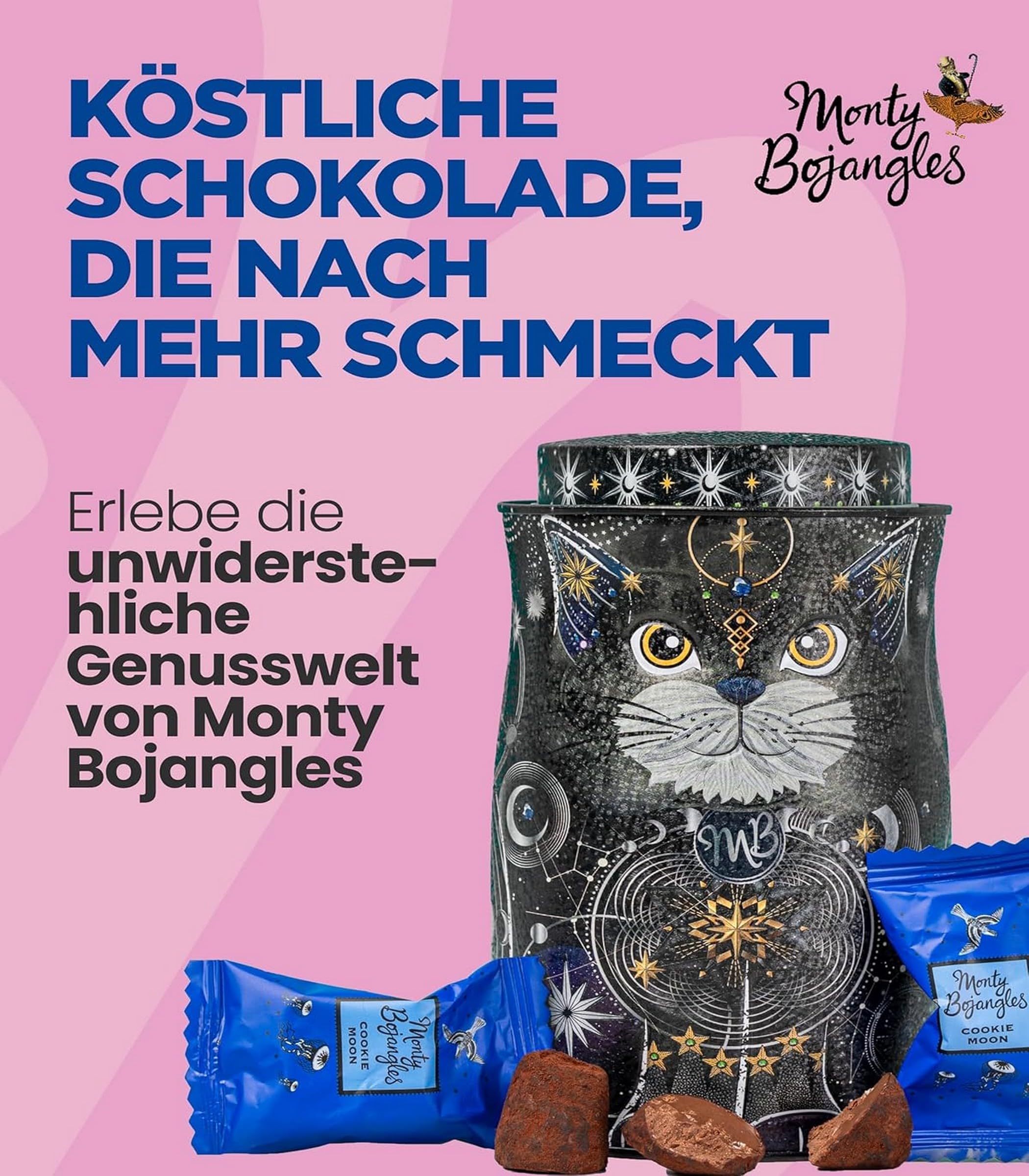 Monty Bojangles Kit-Tins Schokoladentrüffel (4 x 36g) Truffle Pralinen mit Kakao bestäubt Pralinen, Schokolade Sammlerdose mit Katzen-Design, Geschenkset mit vier Geschmacksrichtungen
