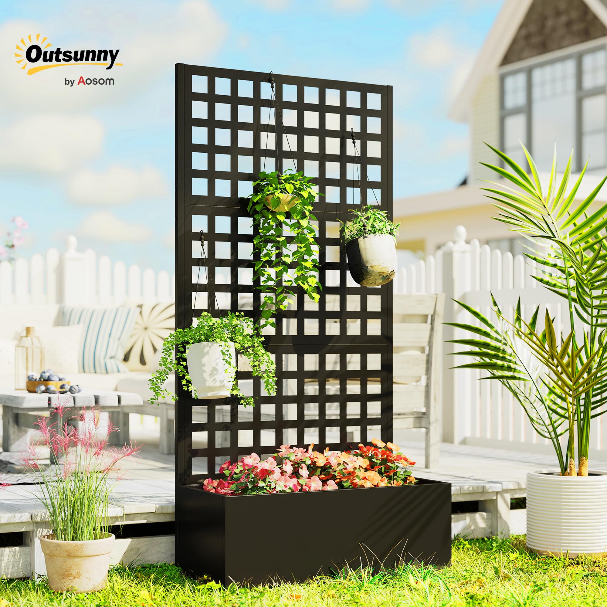 Outsunny Jardinière avec Treillis, Brise-Vue, lit surélevé de Jardin, jardinière extérieure en Acier galvanisée, pour Plantes grimpantes, bac à Fleurs pour Balcon terrasse Patio, 89x40x178cm, Noir