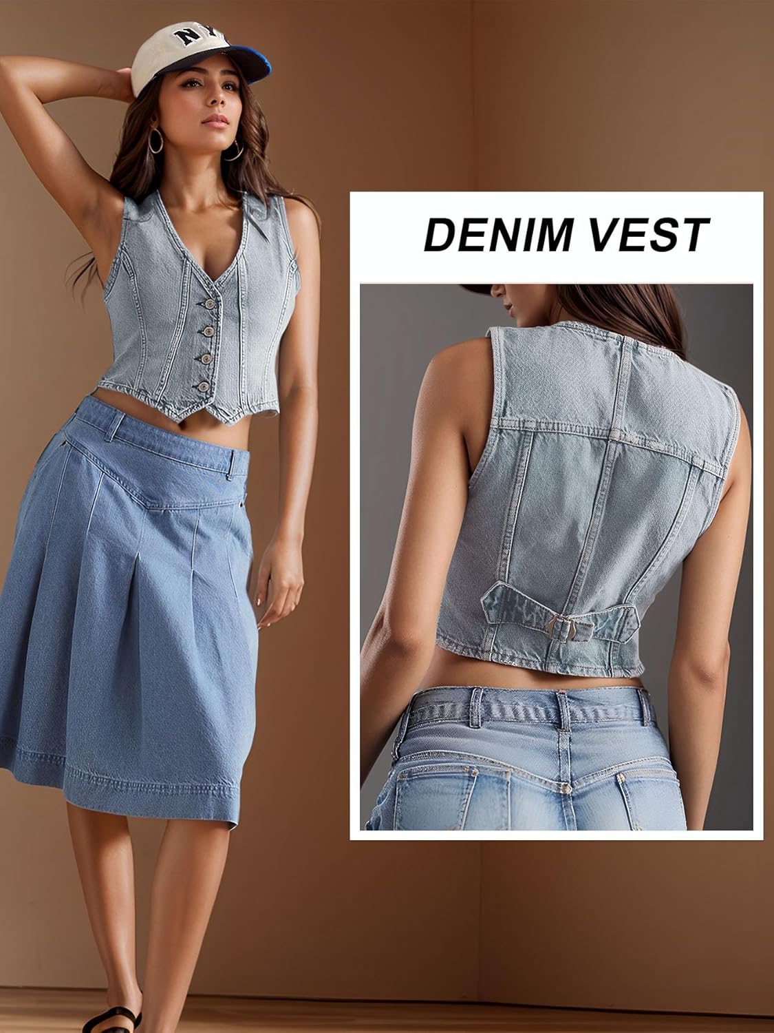 Women's Denim Vest Crop Jean Vest Tops Sleeveless V Neck Button Down Fitted Summer Western Country Denim Waistcoat - Image 2