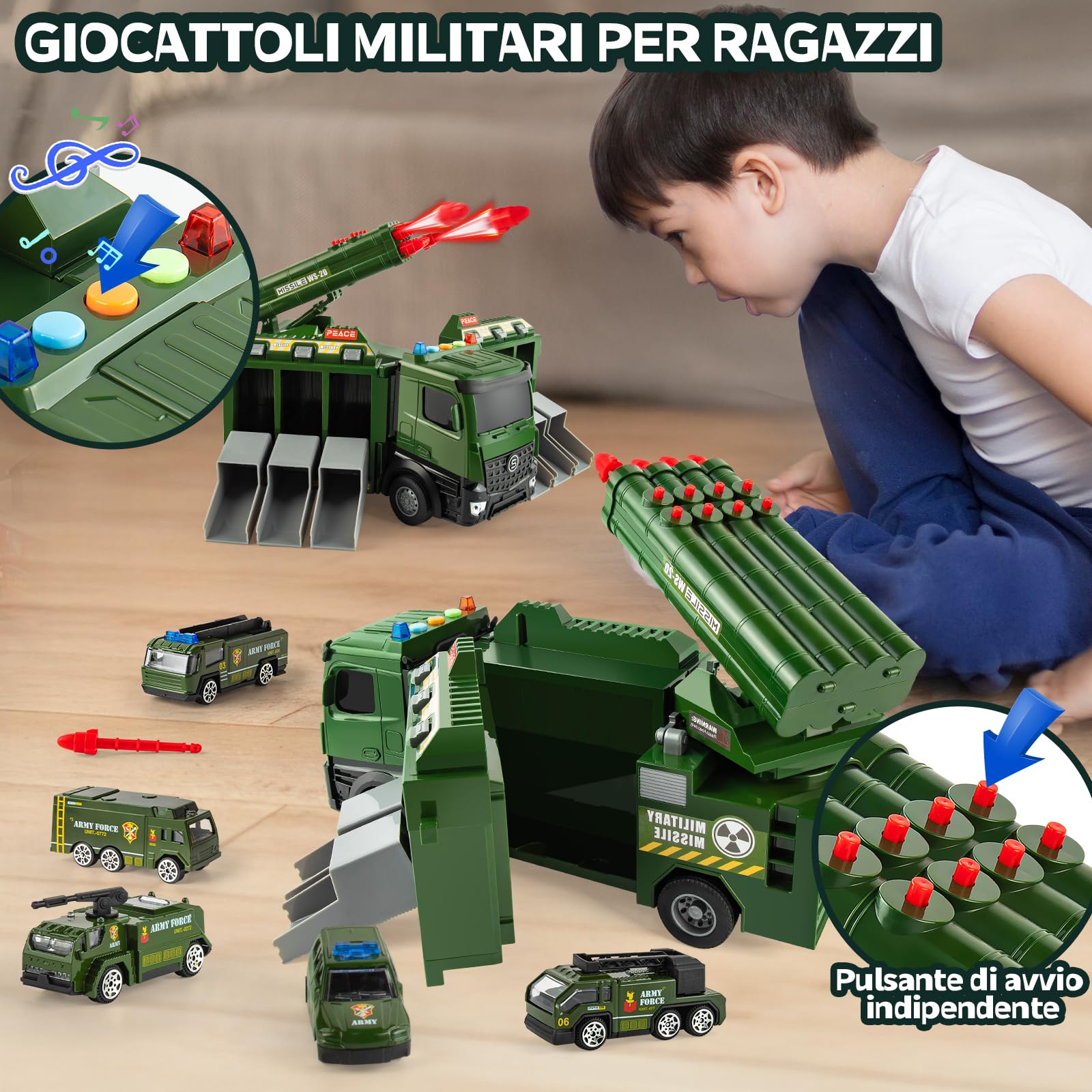 Camion Militare Giocattolo，Giocattoli Militari per Ragazzi con 8 Missile,Luci e Suoni,Set di Giocattoli Militari con 6 Veicoli,Giocattoli Militare adatti a Bambini di età Superiore ai 3 Anni