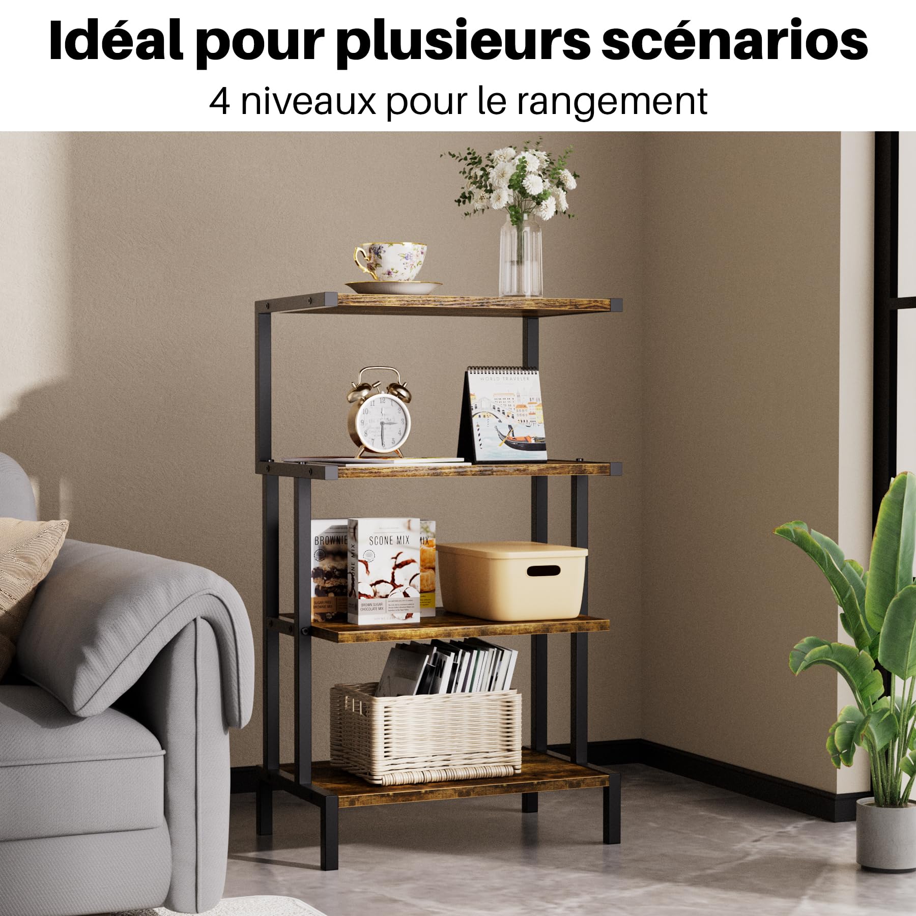 Aquzee Meuble HiFi Bois, Meuble Jeux Vidéo, Petite Table, Table d Appoint Canapé à 4 Etagères, Petits Espaces Étagère de Rangement pour Équipement Audio, 28P x 45L x 77H cm