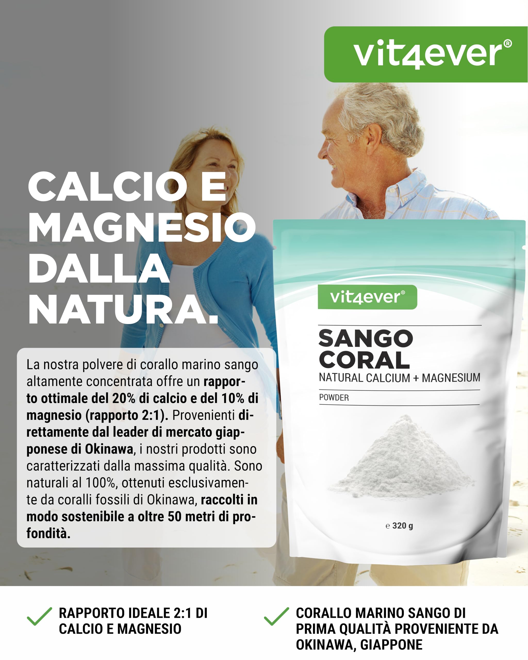 Corallo marino Sango - 320 g di polvere - Fonte naturale di calcio (20%) e magnesio (10%) nel rapporto 2:1 proprio dell'organismo - Nessun additivo