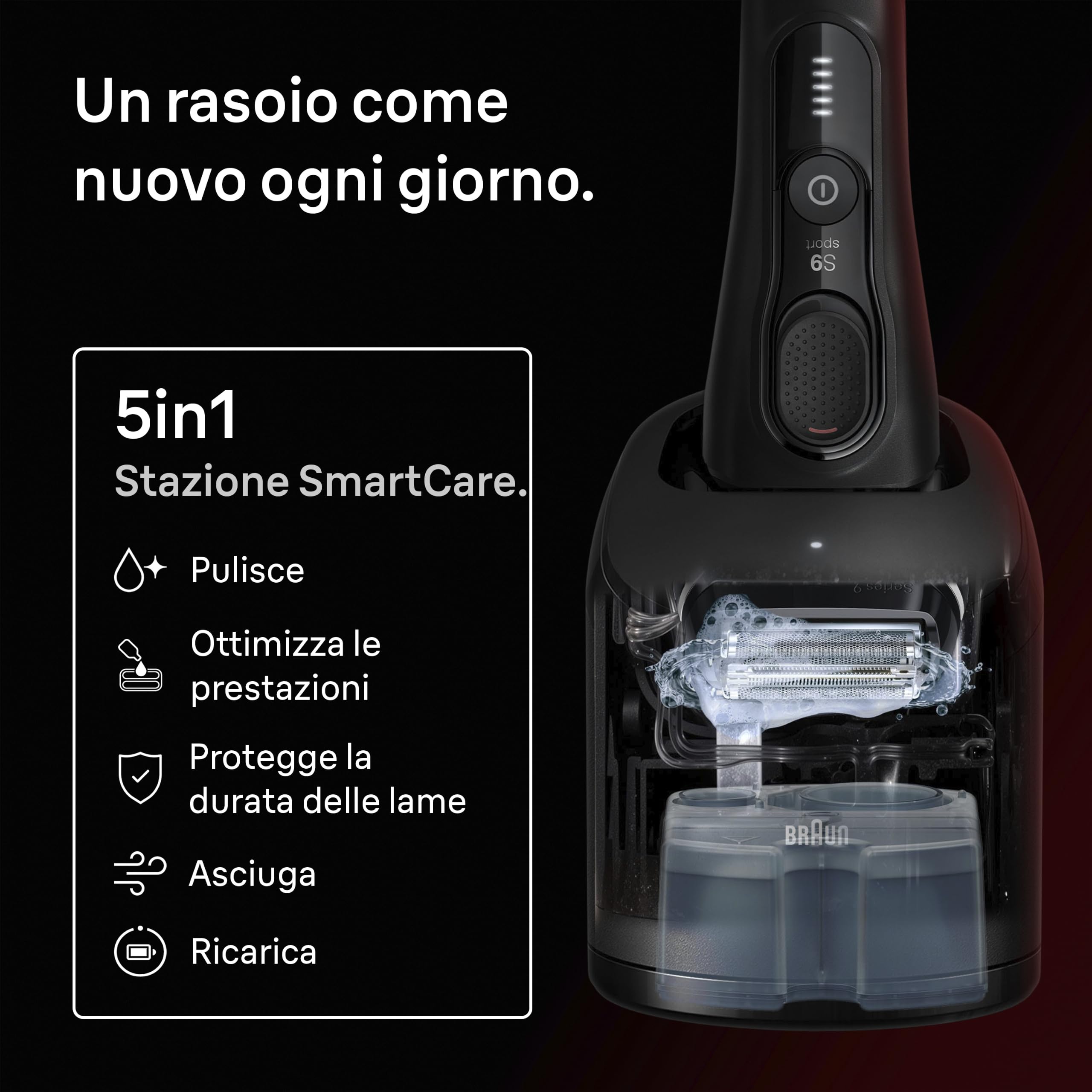 Braun Serie 9 Sport Rasoio Elettrico Barba, Custodia,Smartcare 9150cce Nero | Regolabarba Uomo Impermeabile, Ricaricabile, Testina 4+1 e Rifinitore, Stazione SmartCare, per Qualsiasi Densità di Barba
