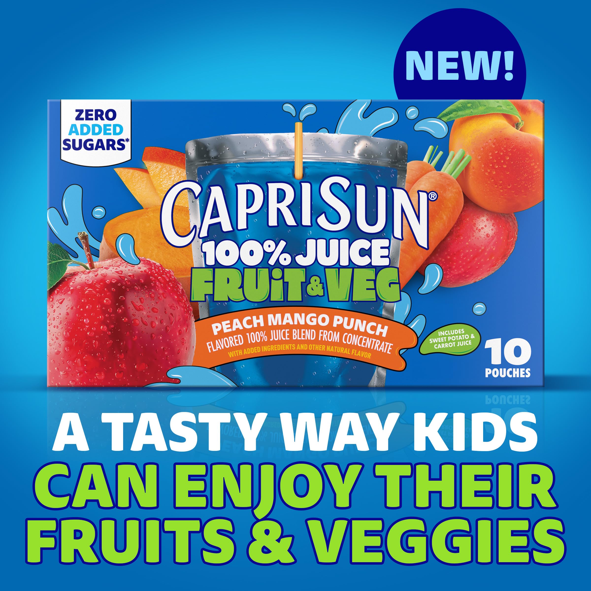 Capri Sun 100% Juice Fruit & Veg Juice Blend from Concentrate, 10 Pouches, for School Lunches and On-the-Go Hydration, Peach Mango Punch, All Natural Ingredients, Zero Added Sugars, 6 oz