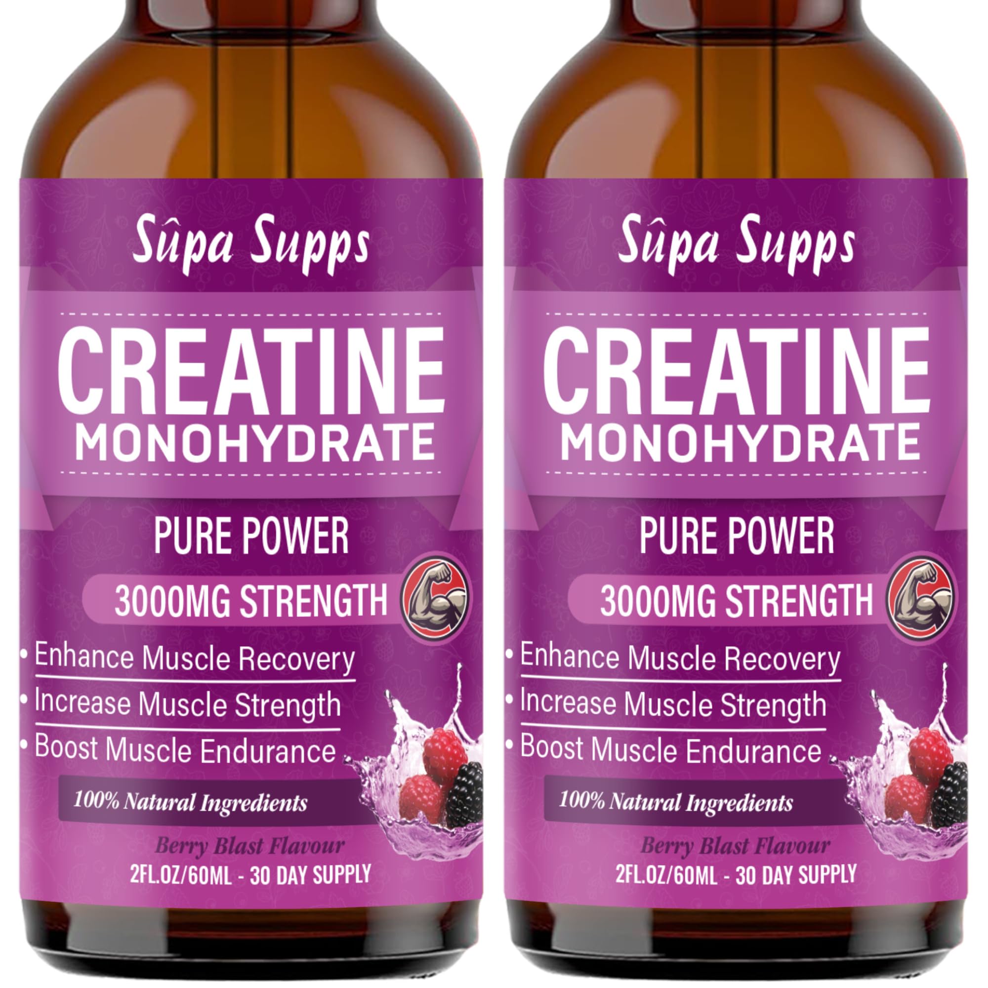Creatine Monohydrate Drops 60ml - Liquid Alternative to Creatine Monohydrate Powder, Ideal for Gym Performance, Bulk Creatine Formula, Supports Muscle Growth, Recovery, and Energy - Berry Flavour