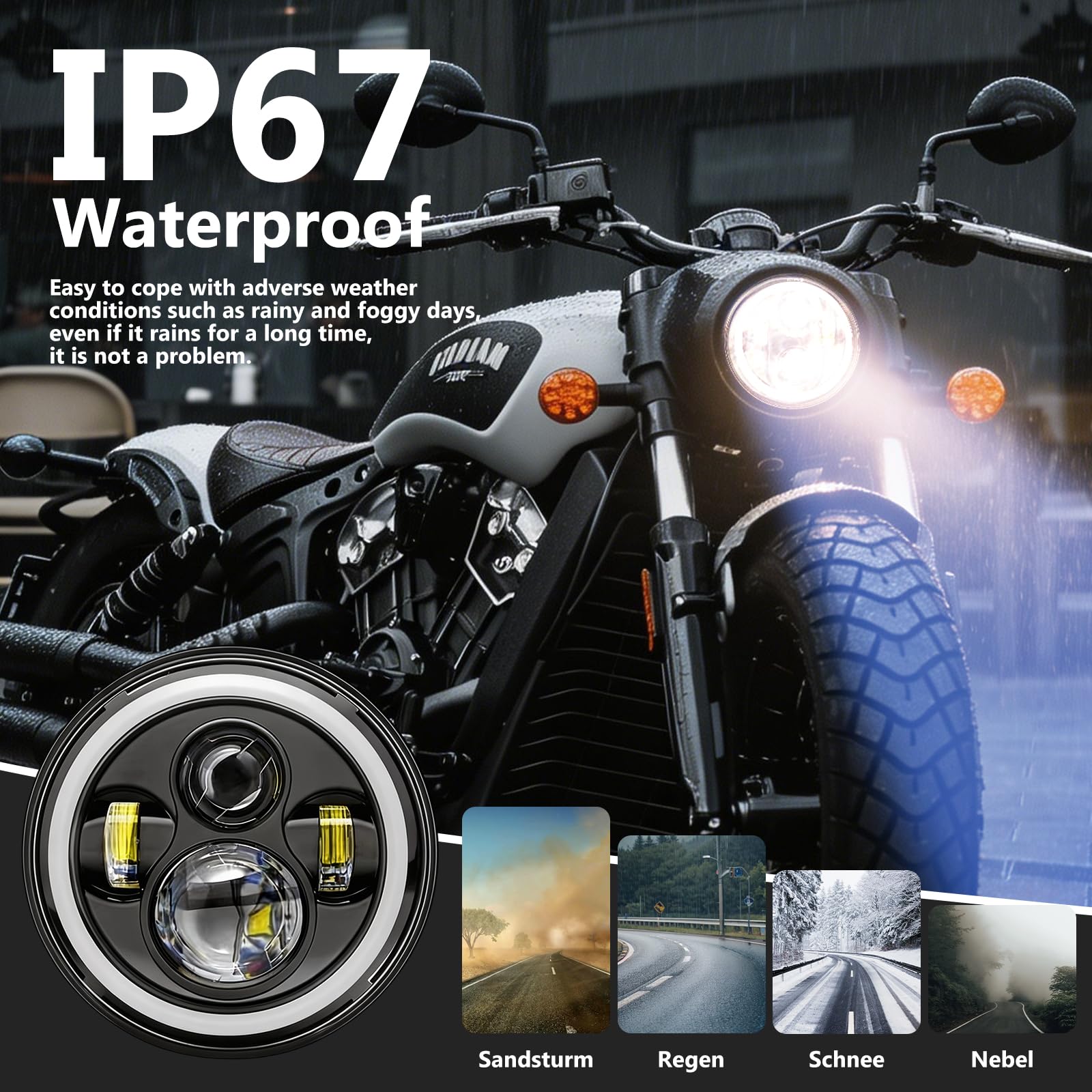 7 Zoll LED Motorrad Scheinwerfer DRL Weiß Blinker Bernstein Scheinwerfer | Scheinwerfer E-geprüft mit Abblendlicht Fernlicht Amber Halo Blinker, Tagfahrlicht Kompatibel mit Gängigen Motorradmodellen