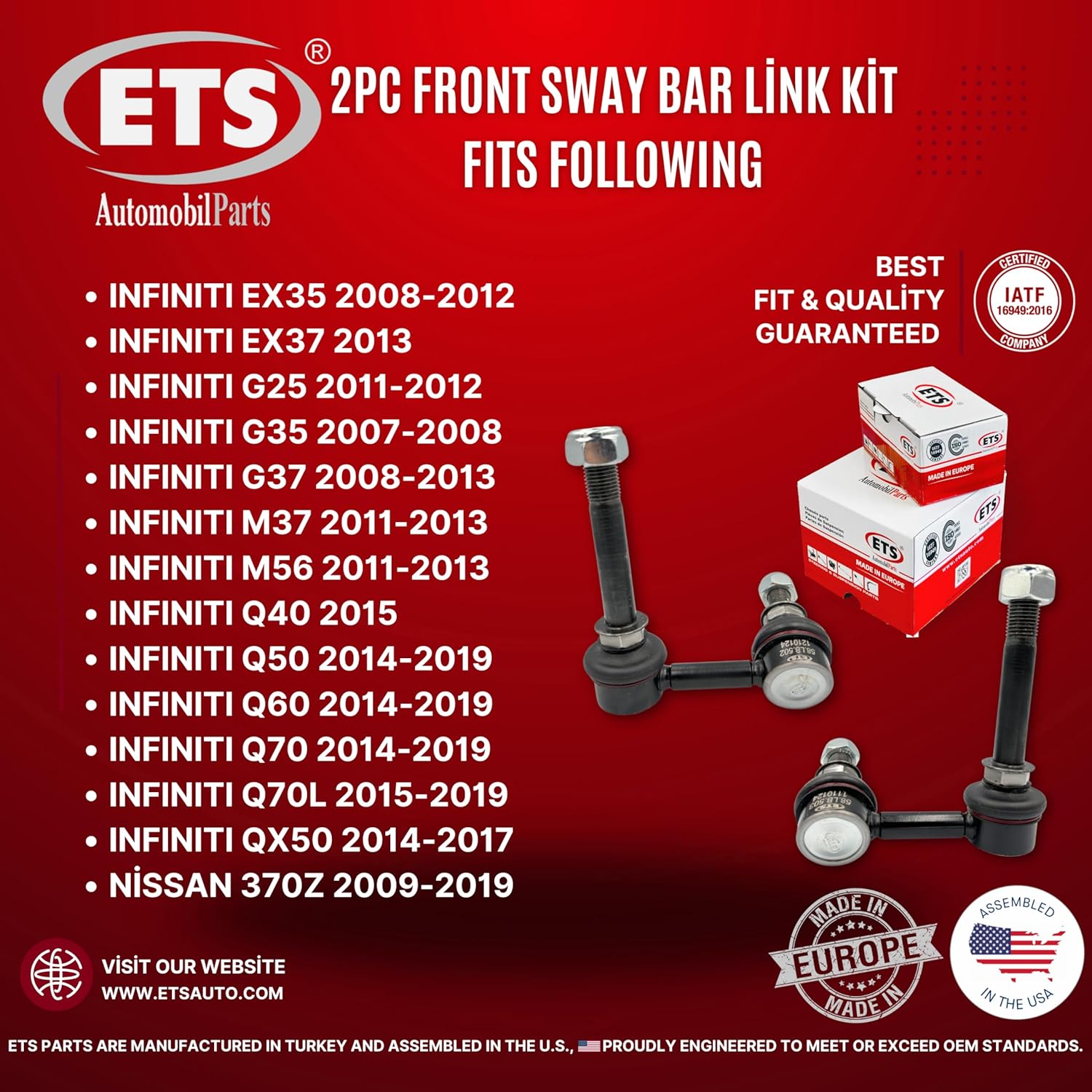 ETS 2Pc 2Pcs Front Stabilizer Sway Bar End Link Fits Nissan 2009-2020 370Z, Fit for Infiniti 2014-2019 Q50/Q60/Q70, Q70L,QX50,Q40, 2008-2012 EX35, EX37, G25 K750193 K750194