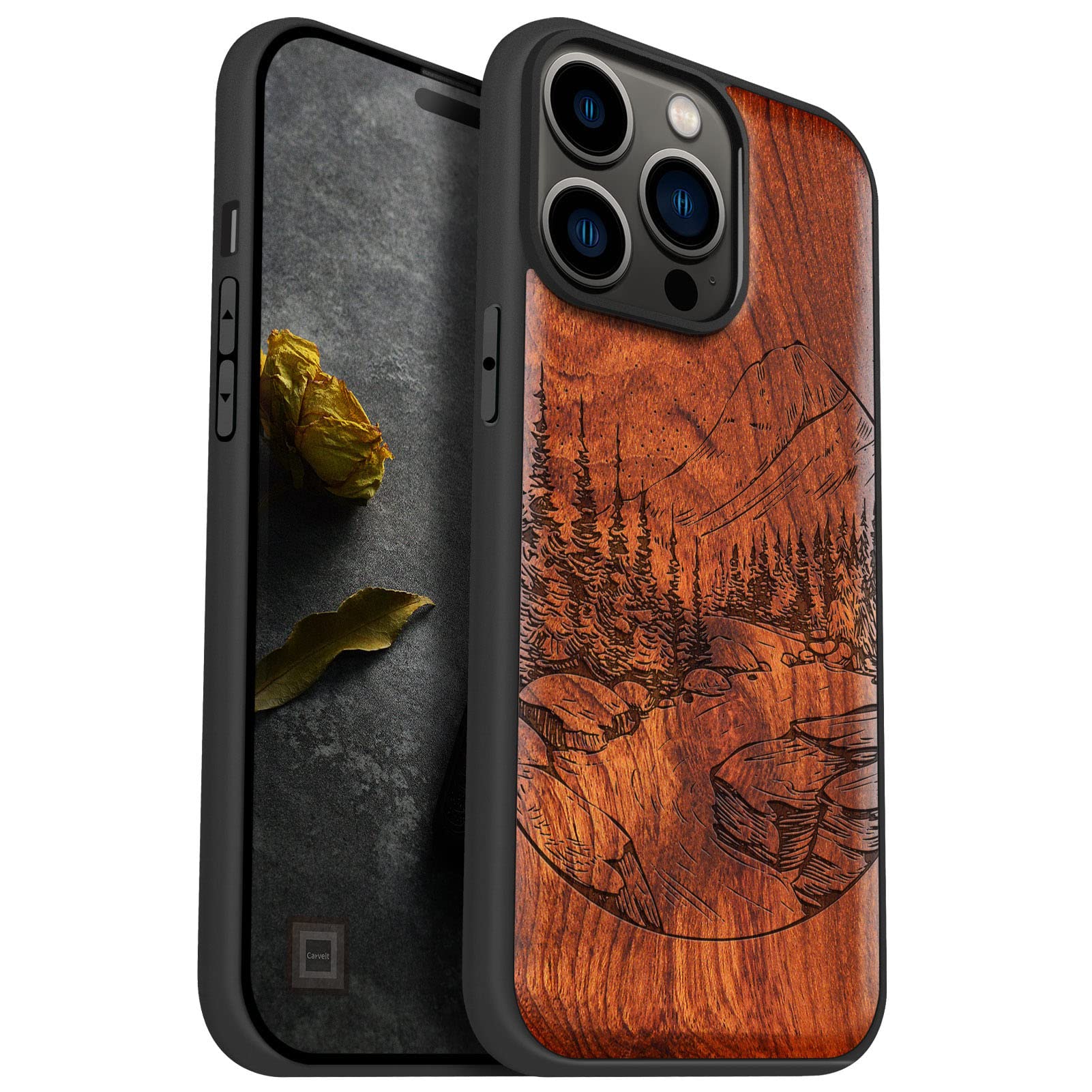 Carveit Magnetic Wood Case for iPhone 14 Pro Max [Natural Wood & Black Soft TPU] Unique & Classy Wooden Shockproof Protective Cover Compatible with