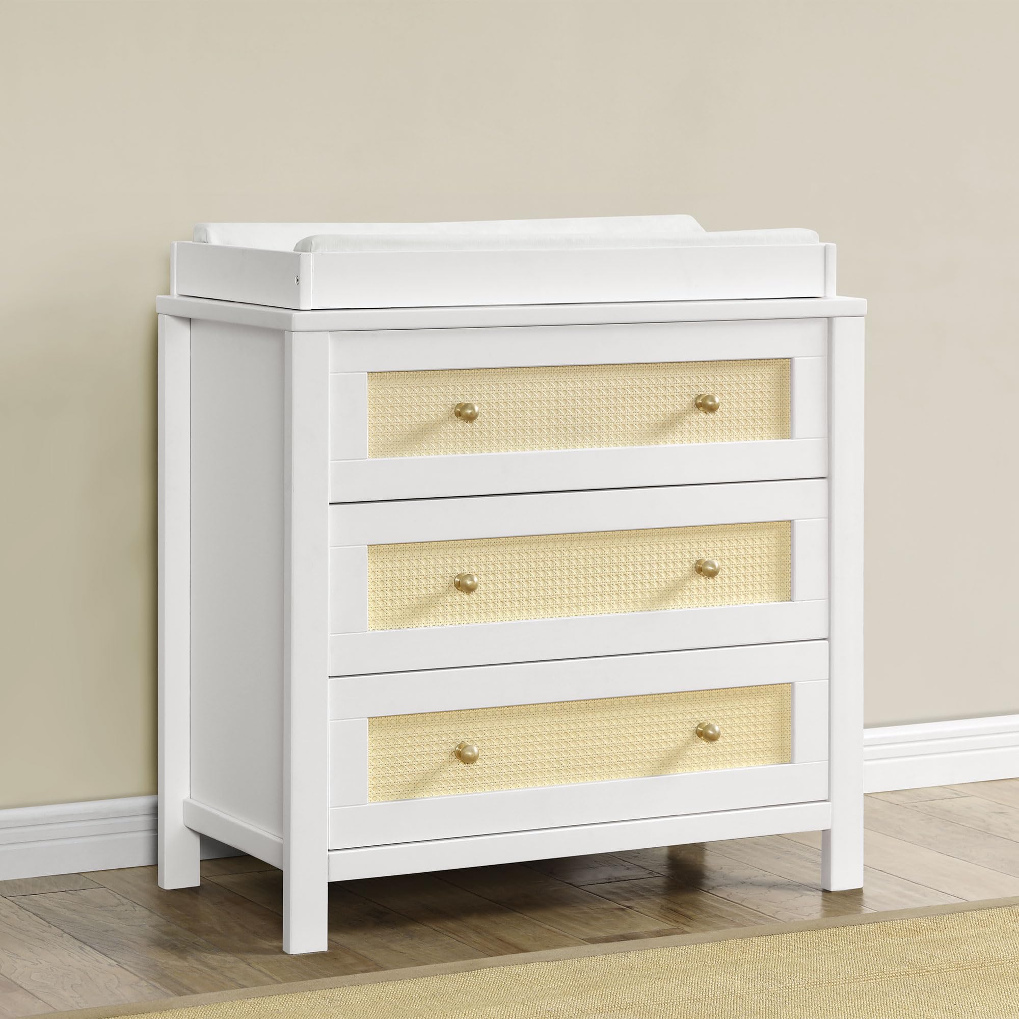 Simmons Kids Theo 3 Drawer Dresser with Changing Top and Interlocking Drawers, Bianca White/Textured Almond