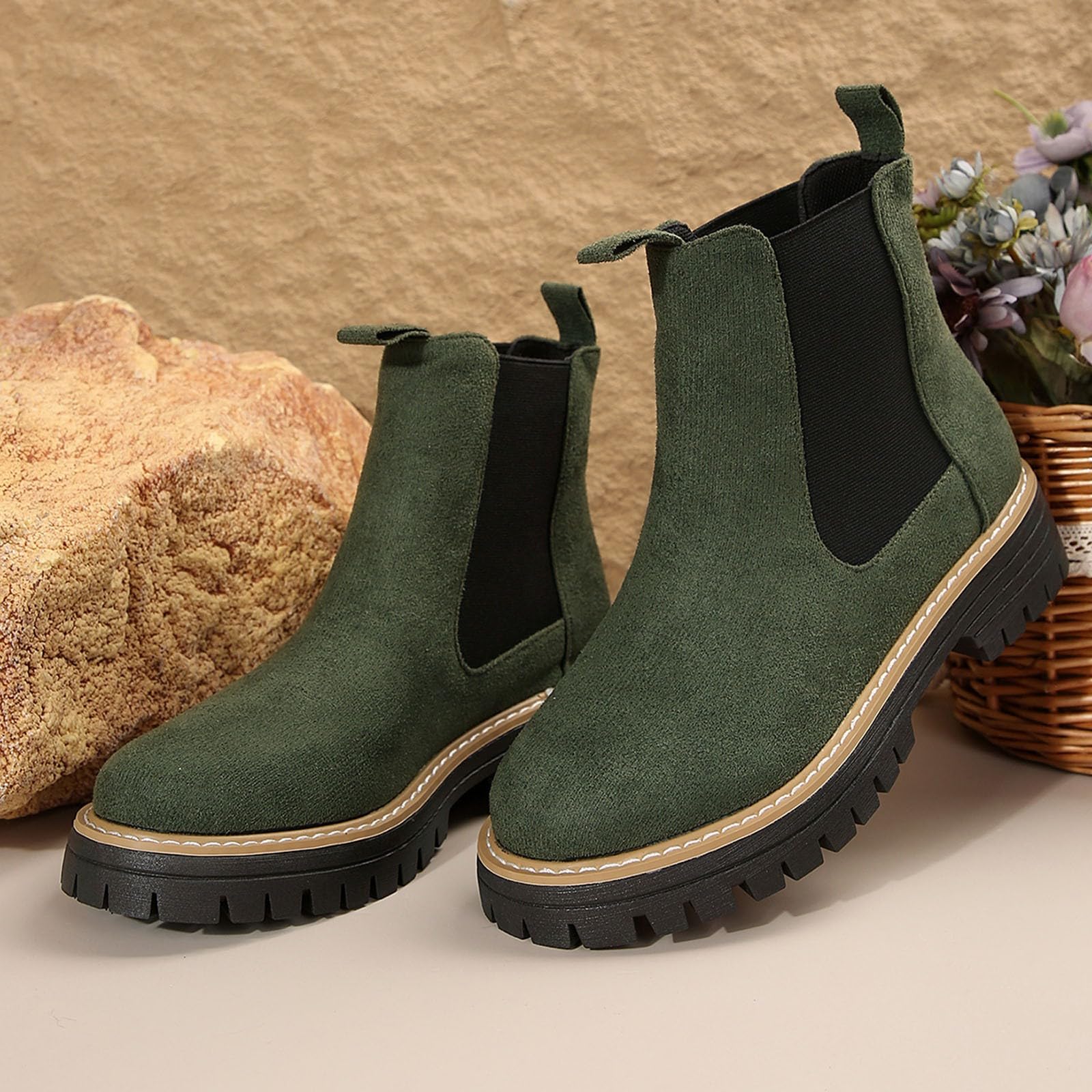Petite - Botines de gamuza para mujer, de moda, estilo Chelsea, para invierno, hasta la rodilla, tacón de bloque, para días lluviosos, viajes, oficina, por encima de la rodilla, verde oscuro, 39.5 EU