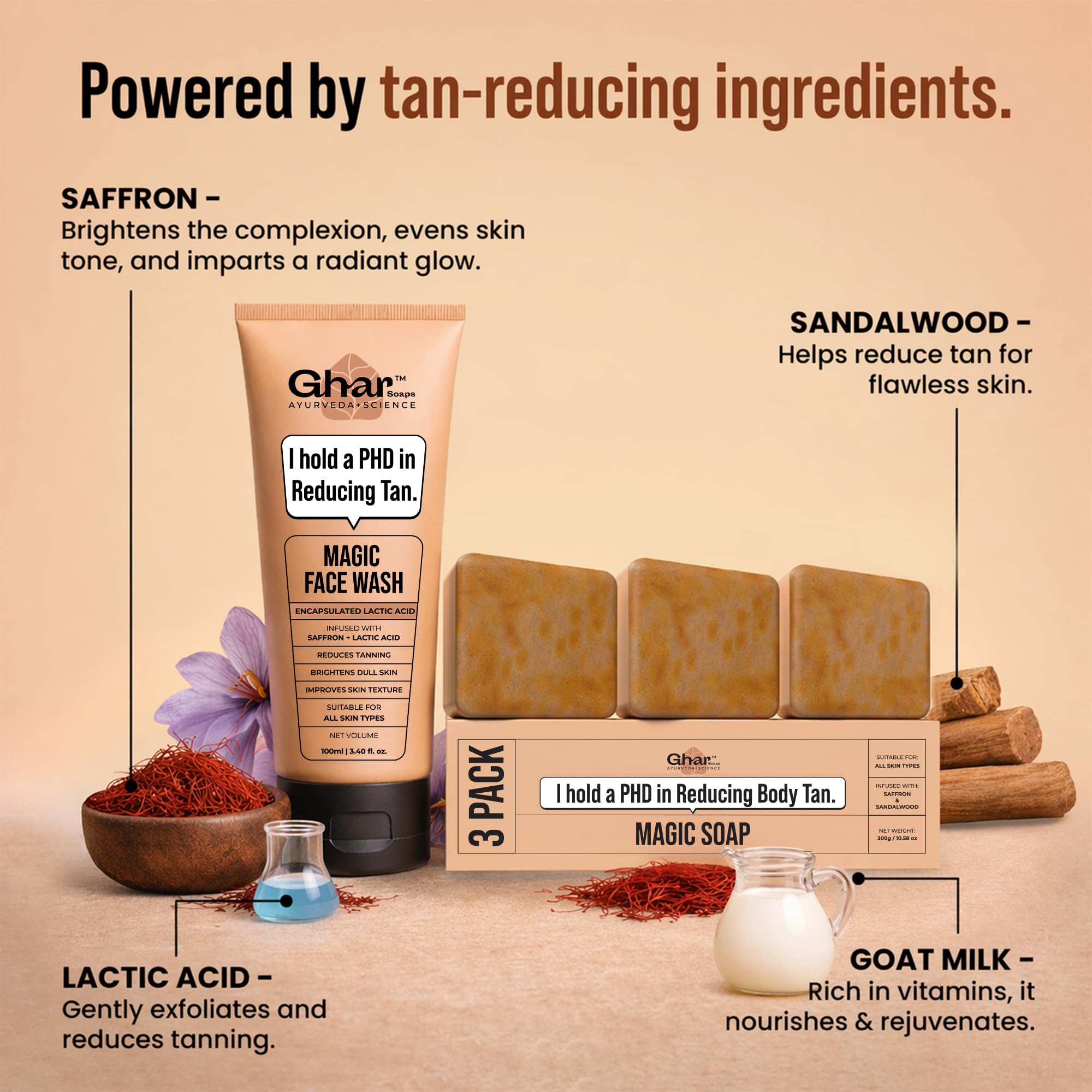 Buy Ghar Soaps Magic De-Tan Face Wash & Sandalwood Saffron Bath Soap Combo Pack of 3 | With Sandalwood, Saffron & Glutathione | Tan Removal, Skin Brightening & Glowing Skin