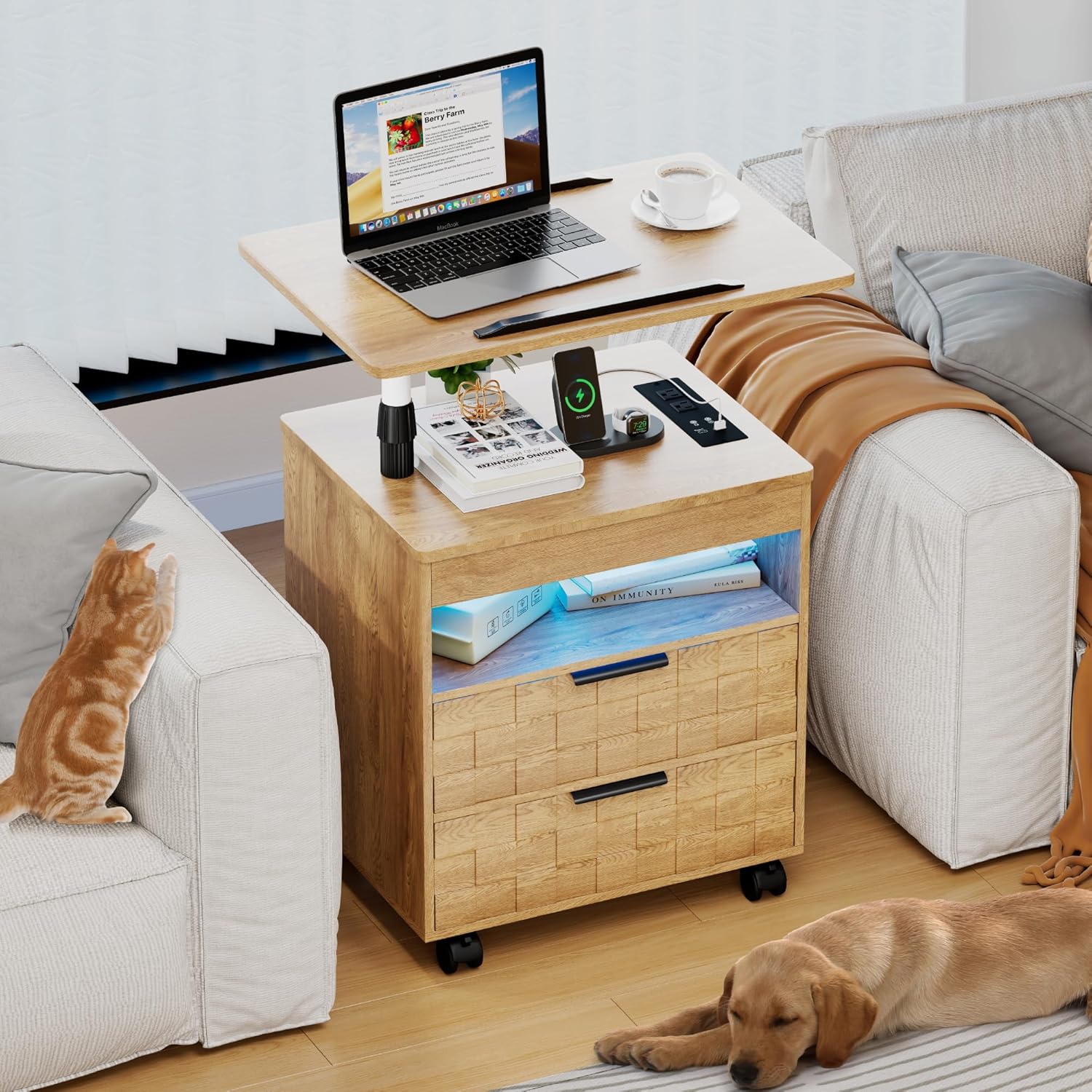 Height Adjustable Nightstand with Charging Station, LED Bedside Table 2 Drawers, Smart Wooden End Table Dorm Rolling Side Table Laptop Workstaion with Wheels for Bedroom, Natural