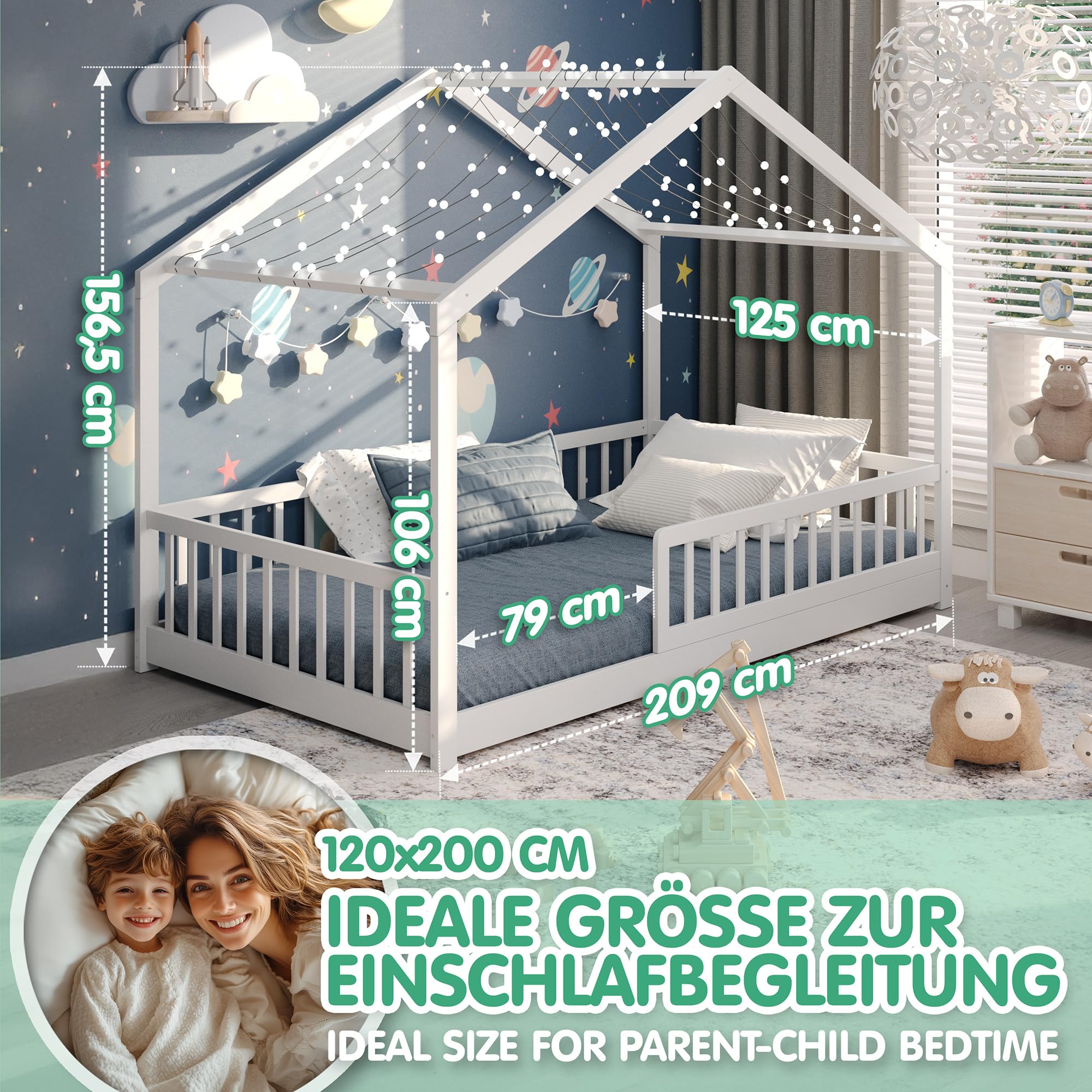 CADANI Malte Kinderbett 120x200 cm – Hausbett mit abnehmbarem Rausfallschutz, bis 200 kg belastbar, Roll-Lattenrost, Montessori Bodenbett aus Massivholz Kiefer, Weiß
