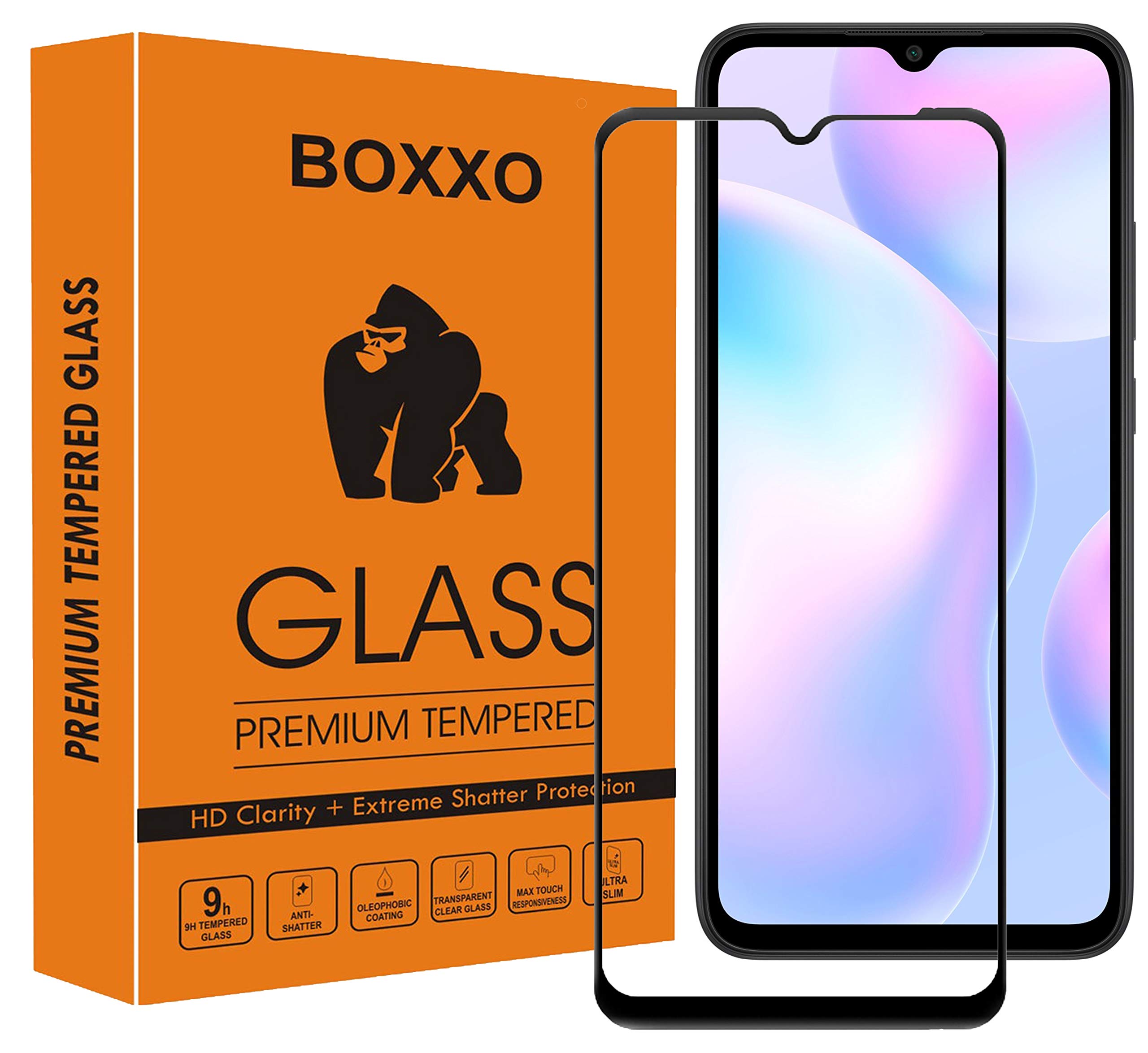 BOXXO Premium Edge to Edge Tempered Glass Screen Protector for Mi Redmi 9A Sport [flexible] [Gorilla] Bubble Free Installation [Screatch proof] [Guard] - Black