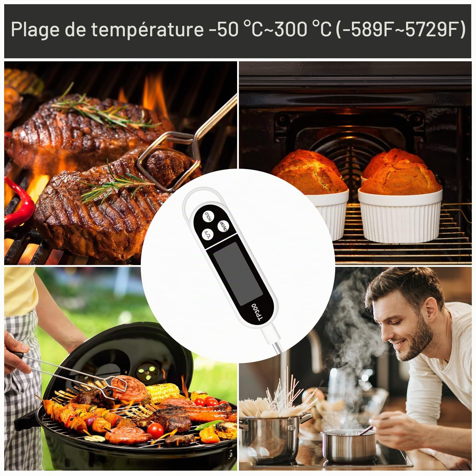 Termomètre Cuisine LCD Longue, Thermomètre Barbecue Digital Alimentaire pour Patisserie BBQ Viande