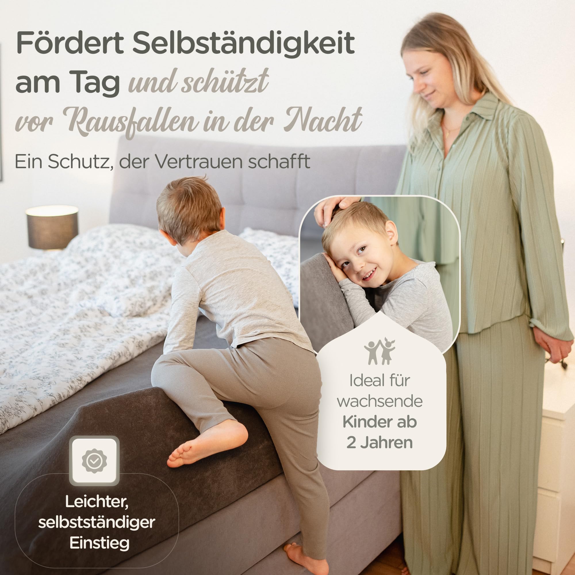 LUNOVA® Rausfallschutz Bett Kinder & Baby - Boxspringbett & Elternbett | Formstabiler Schaumstoff statt aufblasbar · ohne Montage · weiche Bettgitter-Alternative · Fallschutz fürs Kinderbett, 150 cm
