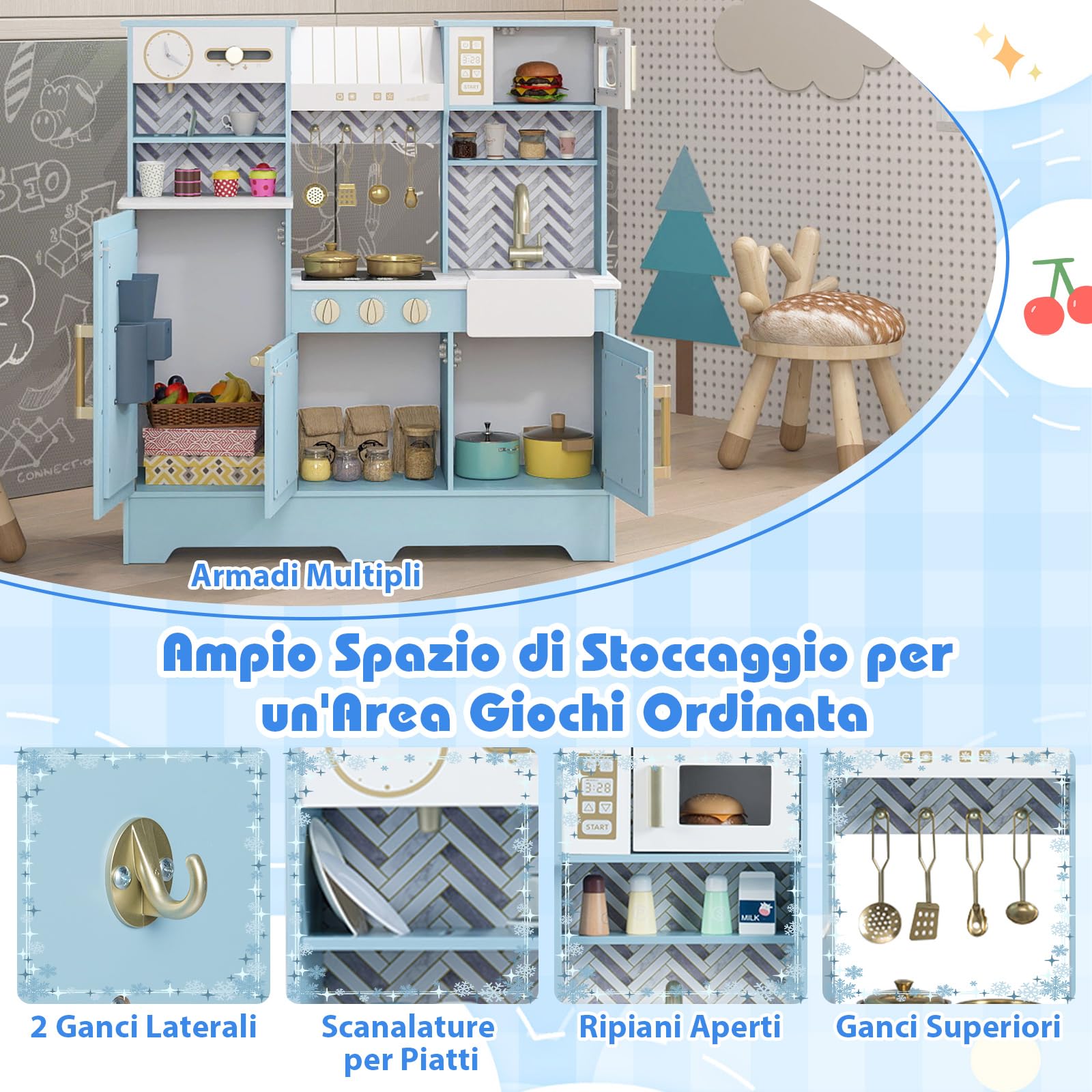 COSTWAY Cucina Giocattolo per Bambini, Cucina Legno per Bambini con Macchina per Ghiaccio, Caffettiera e Accessori, Gioco di Finzione per Piccoli Cuochi 3-6 Anni, 84 x 30 x 90 cm