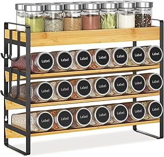 EsLuker.ly Spice Rack, Spice Wooden Organiser, Spice Organiser, 4-Tier Bamboo Spice Rack Organiser, Spice Racks, Spice Rack, Spice Holder, Spice Rack System, Standing & Wall for Kitchen, Pantry