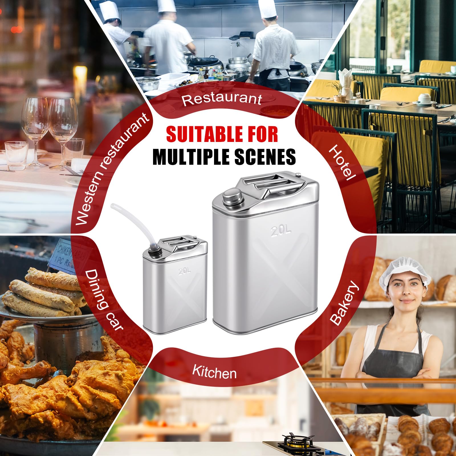 Blulu 2 latas de almacenamiento de aceite de cocina de acero inoxidable de 5 galones, distribuidor comercial 304 de seguridad alimentaria, contenedor de almacenamiento de aceite con tubo guía y tapa