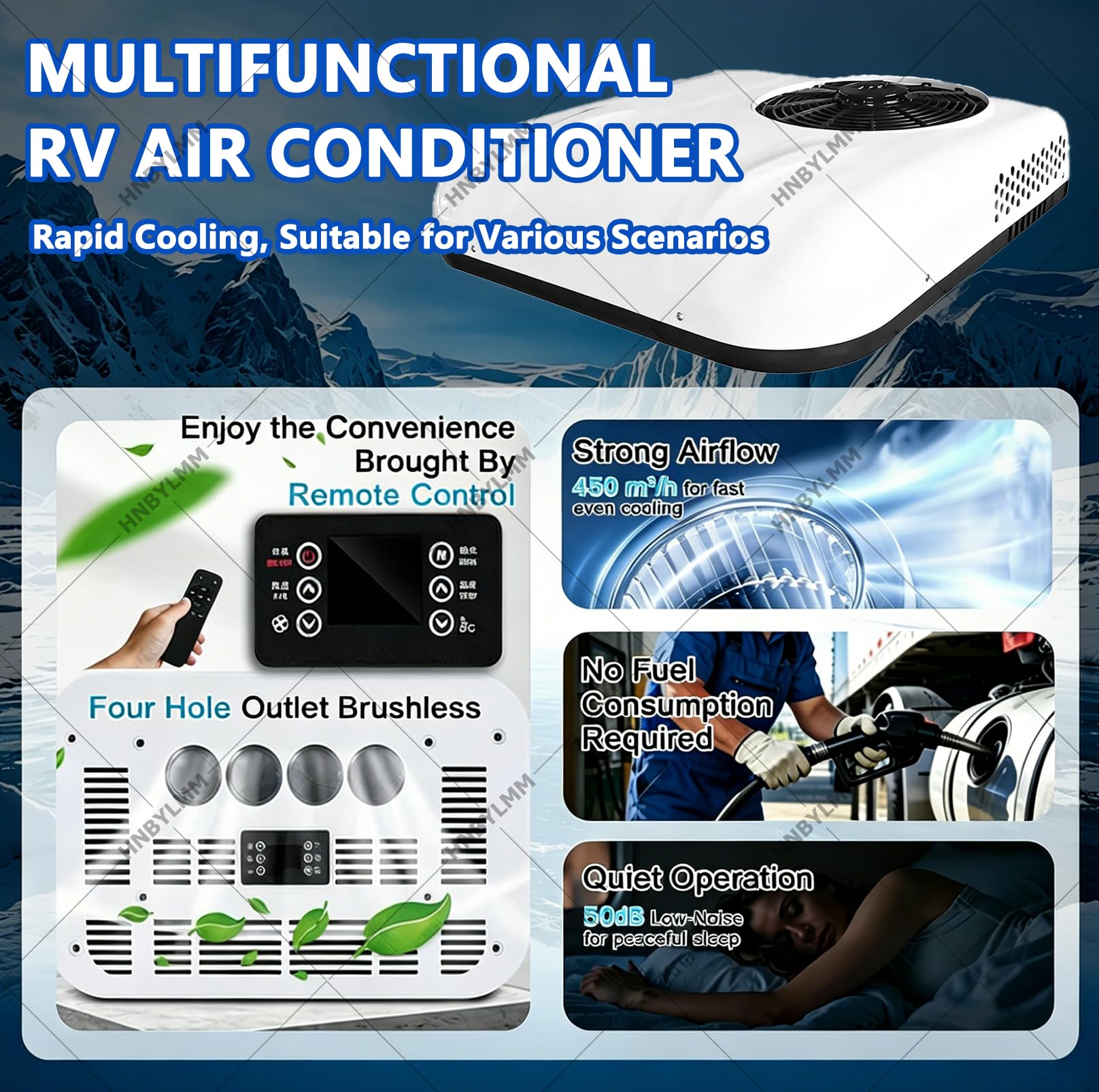 Condizionatore d'Aria DC 12V per Camper, Riscaldamento e Raffreddamento, Basso Consumo Energetico, Ultra-Silenzioso, Climatizzatore da Tetto 9000 BTU con Telecomando per Camper, Van e Camion
