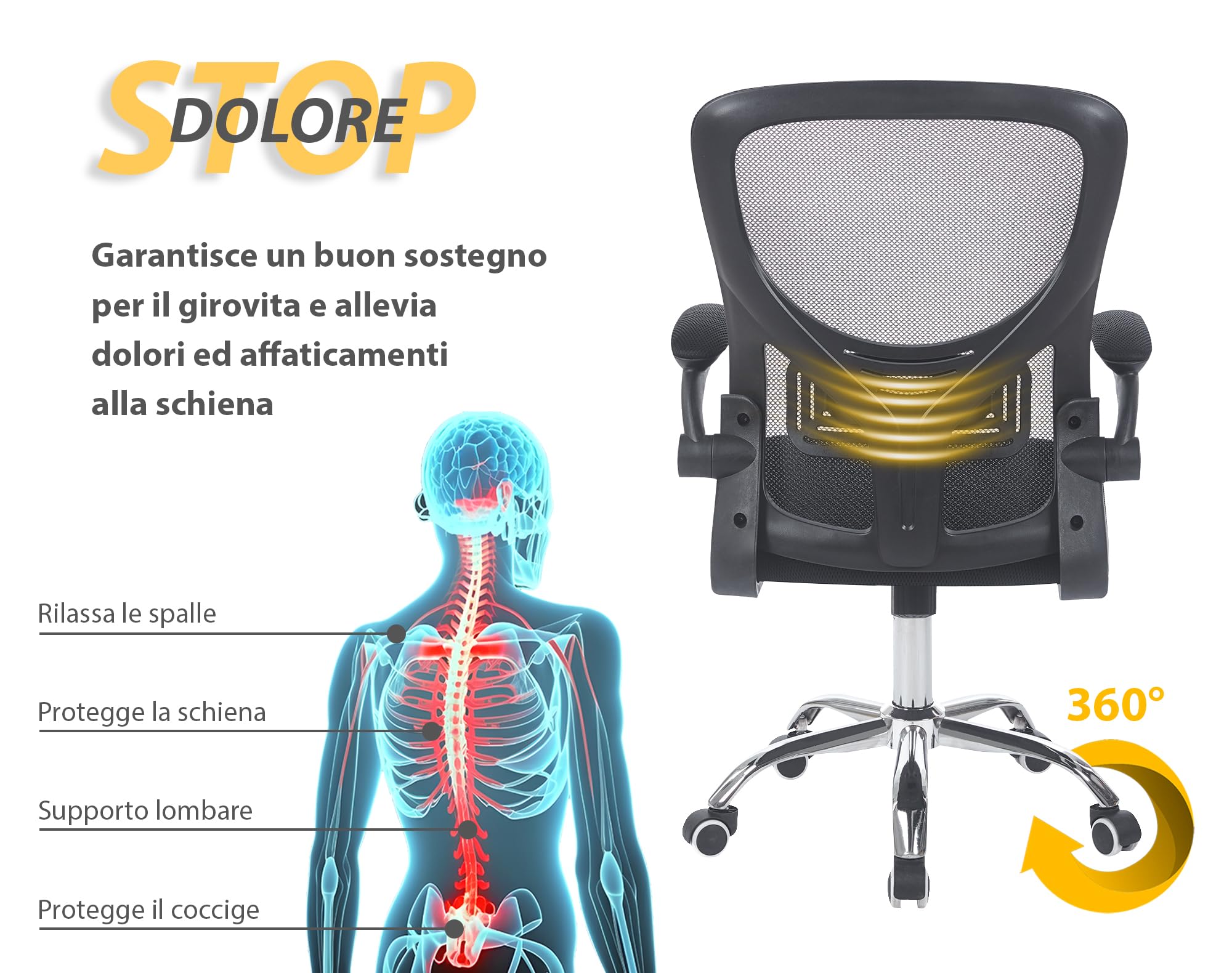 IlGruppone Sedia da Ufficio con Supporto Lombare, Poltrona Scrivania Ergonomica Braccioli Regolabili Altezza Regolabile Schienale in Rete Traspirante,Oscillante con Ruote Girevoli - Greta