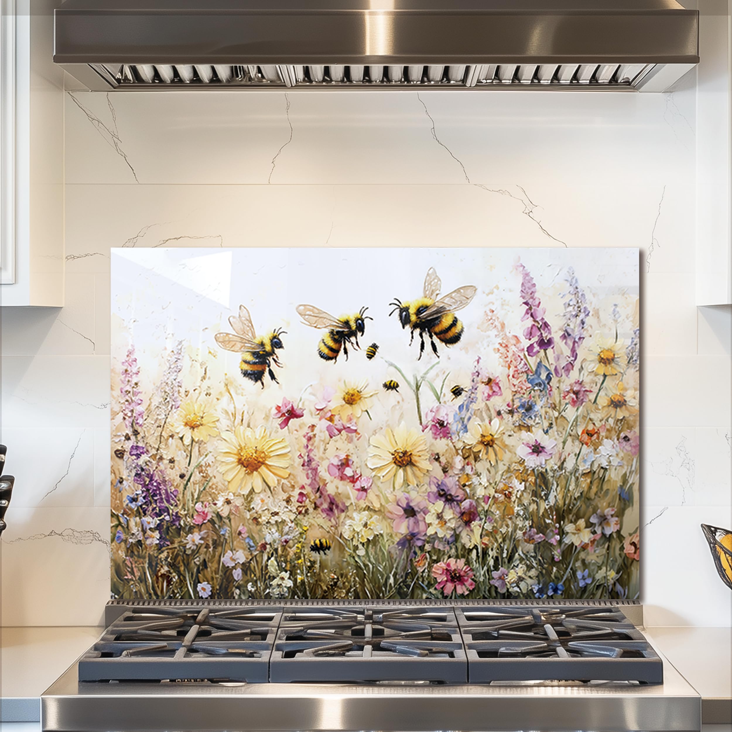 fzxwyishu Bees in the flowers Tempered Glass Kitchen Backsplash, Stove Back Top Cover, Splashback Tile, Kitchen Sink Cover Splash Guard, Home Kitchen Decor (30"x20"(76.2x50.8cm))