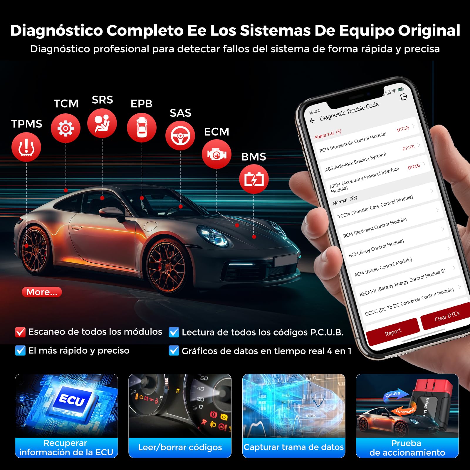 KINGBOLEN Ediag Link OBD2 Diagnosis Sistema Bi-direccional Diagnosis Coche Multimarca, 10 Reinicios(Inyector/TPMS/DPF/SAS/Aceite/ABS/Frenos/ETS/EGR/BMS), Comprobación Emisiones, Guía Reparación