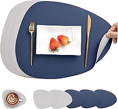 Myir JUN Leather Placemats and Coasters, Non-Slip Double-Sided Placemat Washable Waterproof Placemat and Coasters Plastic Placemat (Blue Grey, Set of 6)