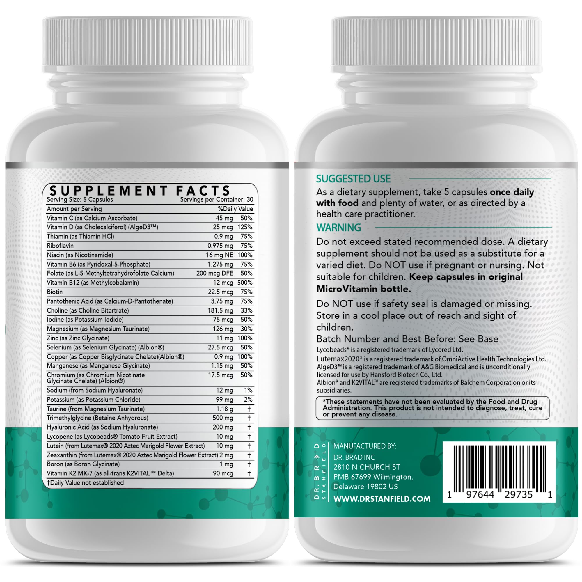 Dr Brad Daily Dosis Baja Multivitamina y mineral para hombres y mujeres para apoyar el rendimiento cognitivo y la memoria + ácido hialurónico para la salud de la piel + TMG para ejercicio (150