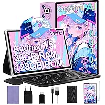 Tablet Android 15 (30GB RAM) 128GB ROM, 10 Pollici IPS HD Schermo+1TB Espandibile, 8-core, 8000mAh, Corpo in Metallo, 5MP+8MP, Face ID, Widevine L1 – con Tastiera, Mouse, Custodia Protettiva – Viola