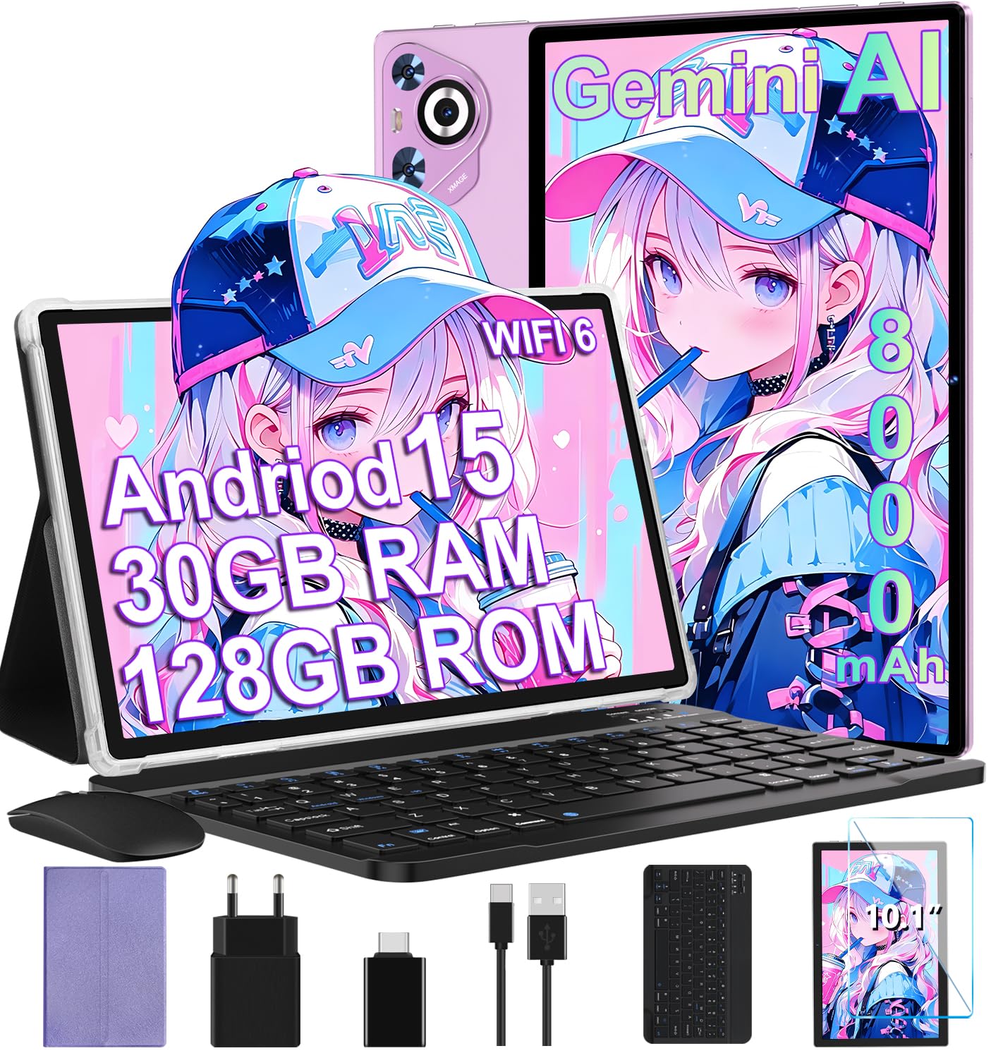 Dghrti Tablet Android 15 [30GB RAM] 128GB ROM, 10 Inch IPS HD Screen+1TB Expansion - Octo-Core, 8000mAh, Metal Body, 5MP+8MP, Face ID, Widevine L1 - with Keyboard and Mouse - Purple