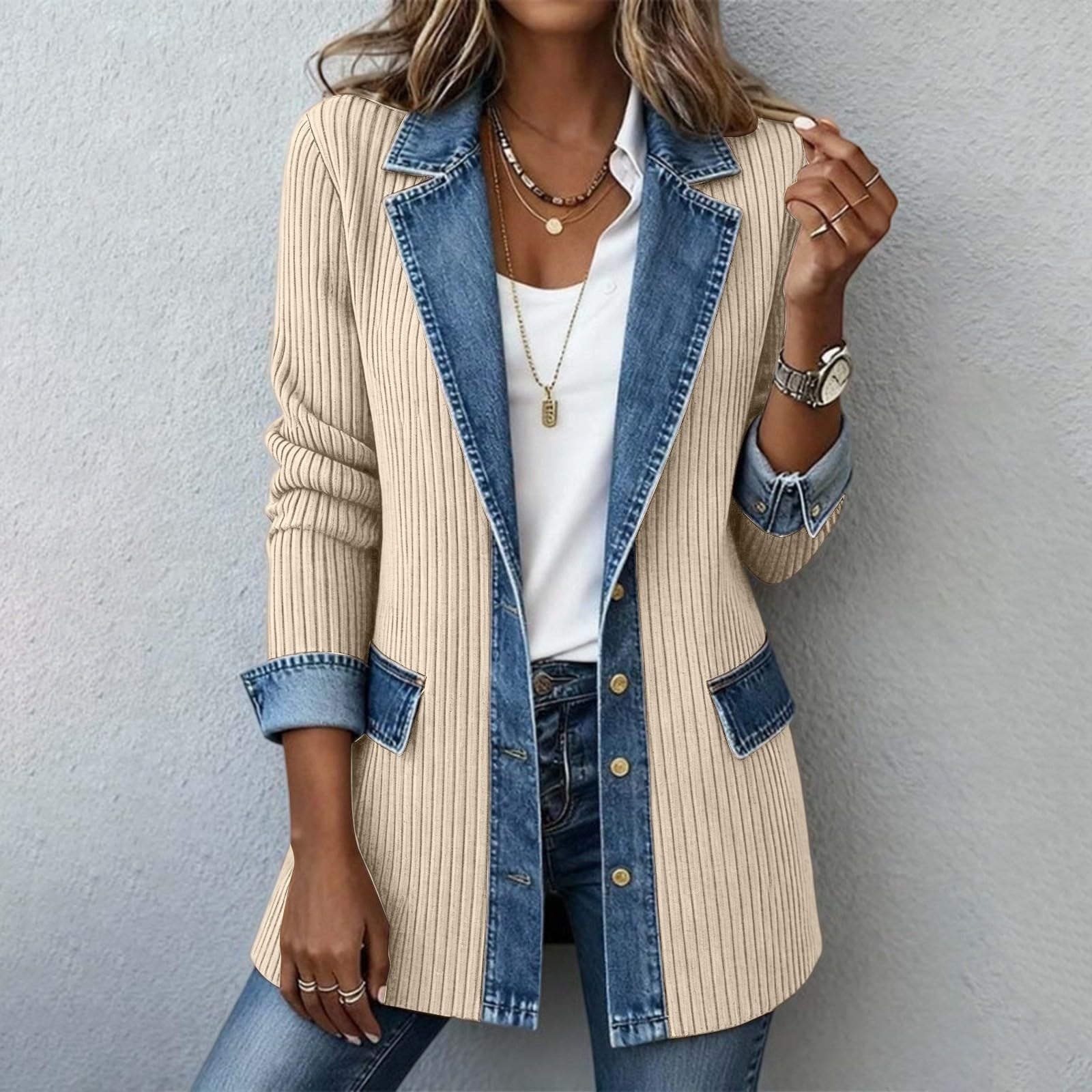 Générique Veste Femme en Tricoté Veste Col Tailleur et Détails en Jean Style Décontracté et Chic Coupe Longue et Large Bloc de Couleurs Tricoté Épaisse Vêtement D'extérieur Manteau de Loisir