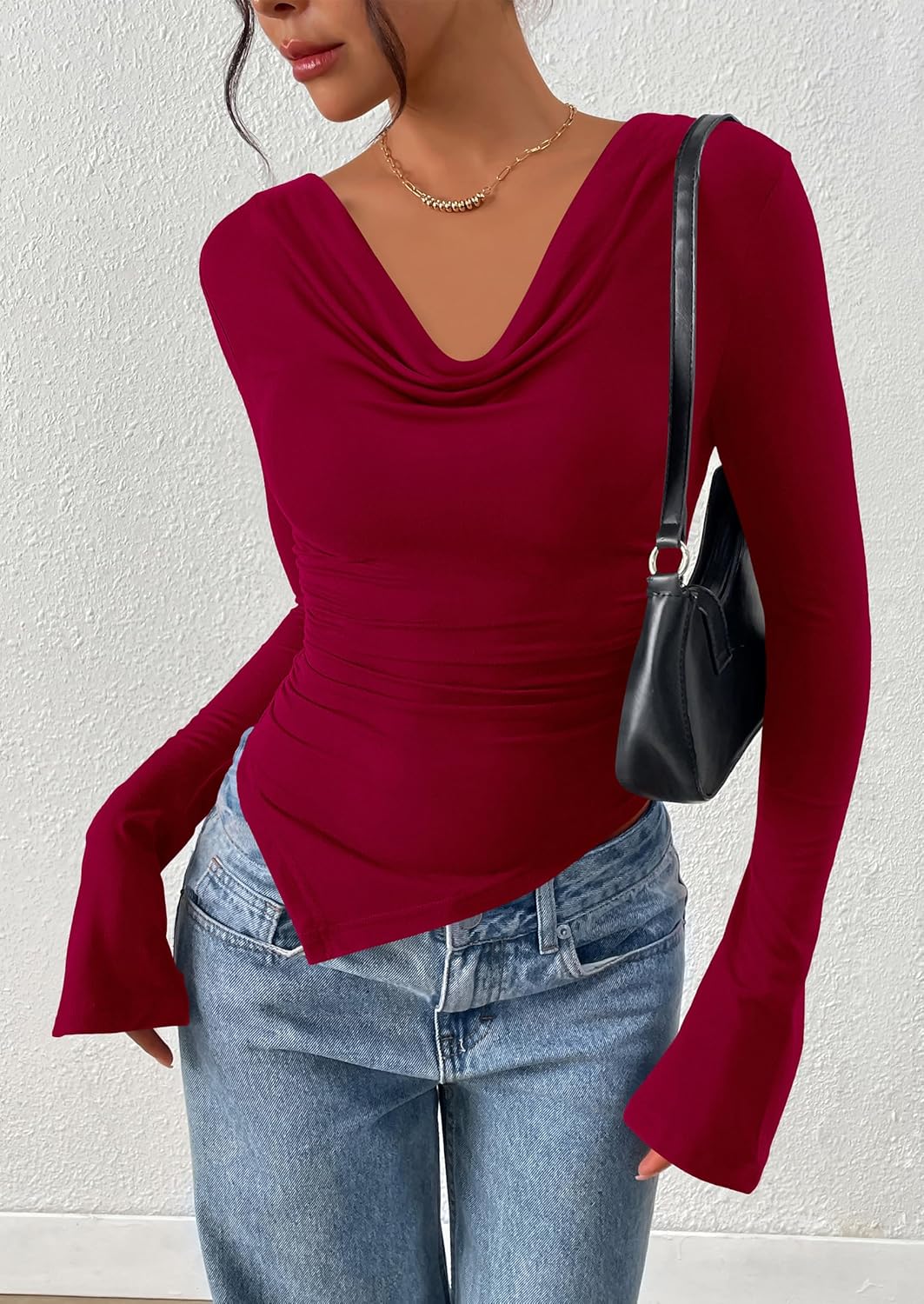 PRETTYGARDEN Womens Bell Long Sleeve Shirts Casual Cowl Neck Asymmetrical Slim Fit Crop Tops Y2K Going Out Spring Clothes - Image 4