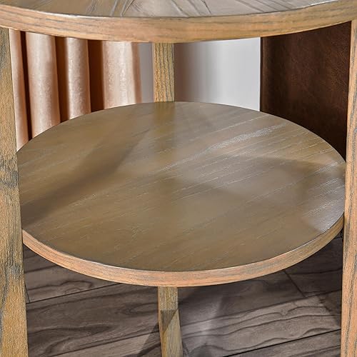 Miniatura 6 de PADMA HOUSE Mesa auxiliar redonda de madera de 19.3 pulgadas, mesa auxiliar redondeada de madera maciza de 2 niveles, mesa auxiliar circular con