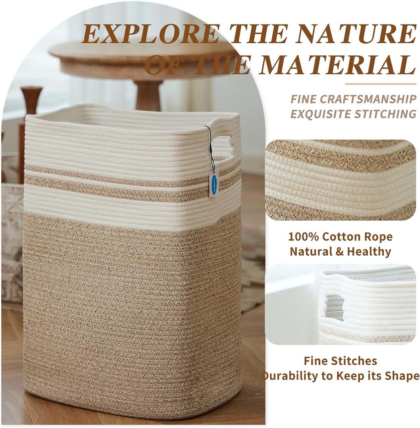 Casaphoria Laundry Hamper, Light Brown Cotton, 16x13x22in, Foldable, Square, Large, Box, 50L, Living Room, Bedroom, Laundry Room Storage