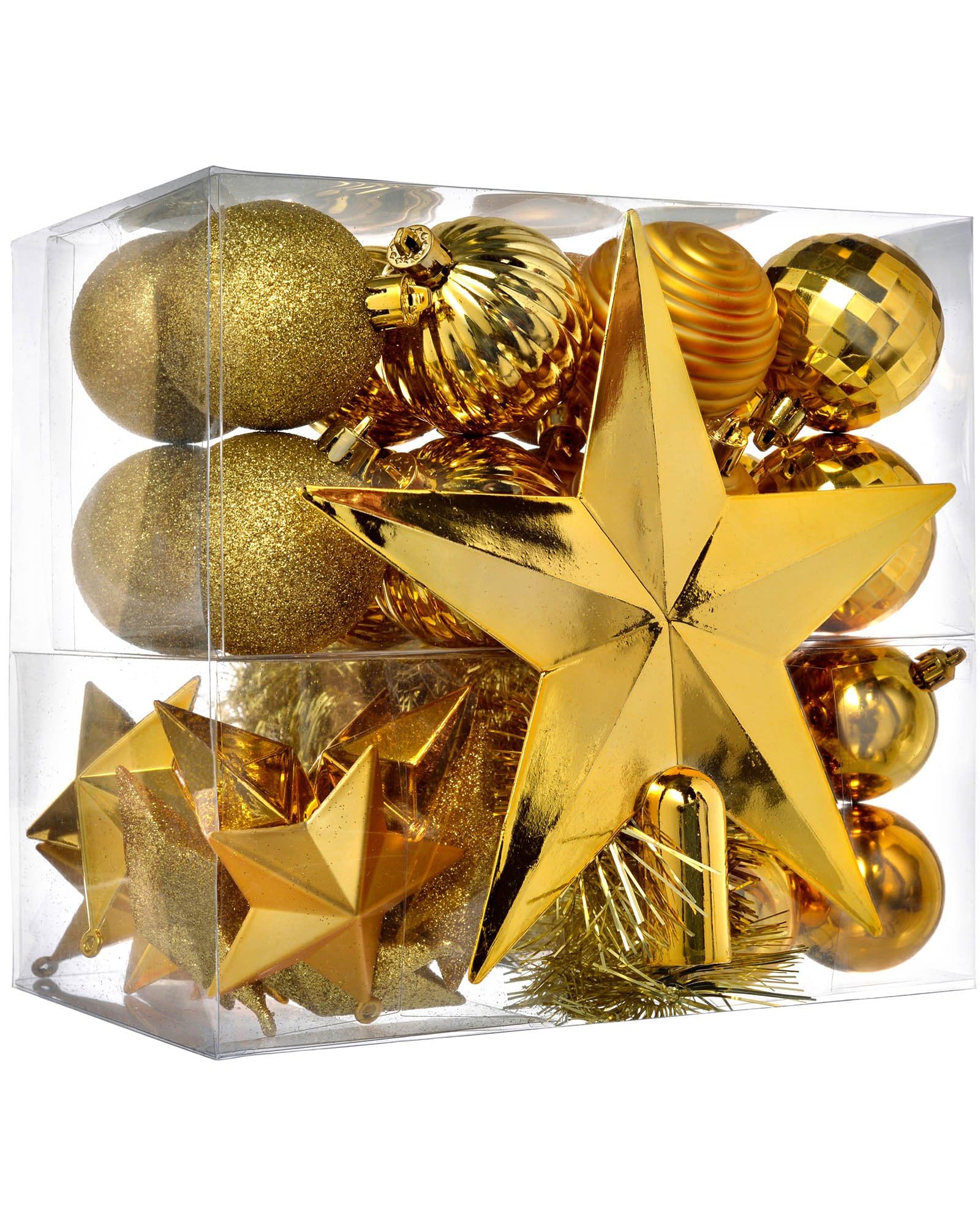 WeRChristmas Shatterproof Baubles with Tree Topper and Garland - 42-Piece, Gold