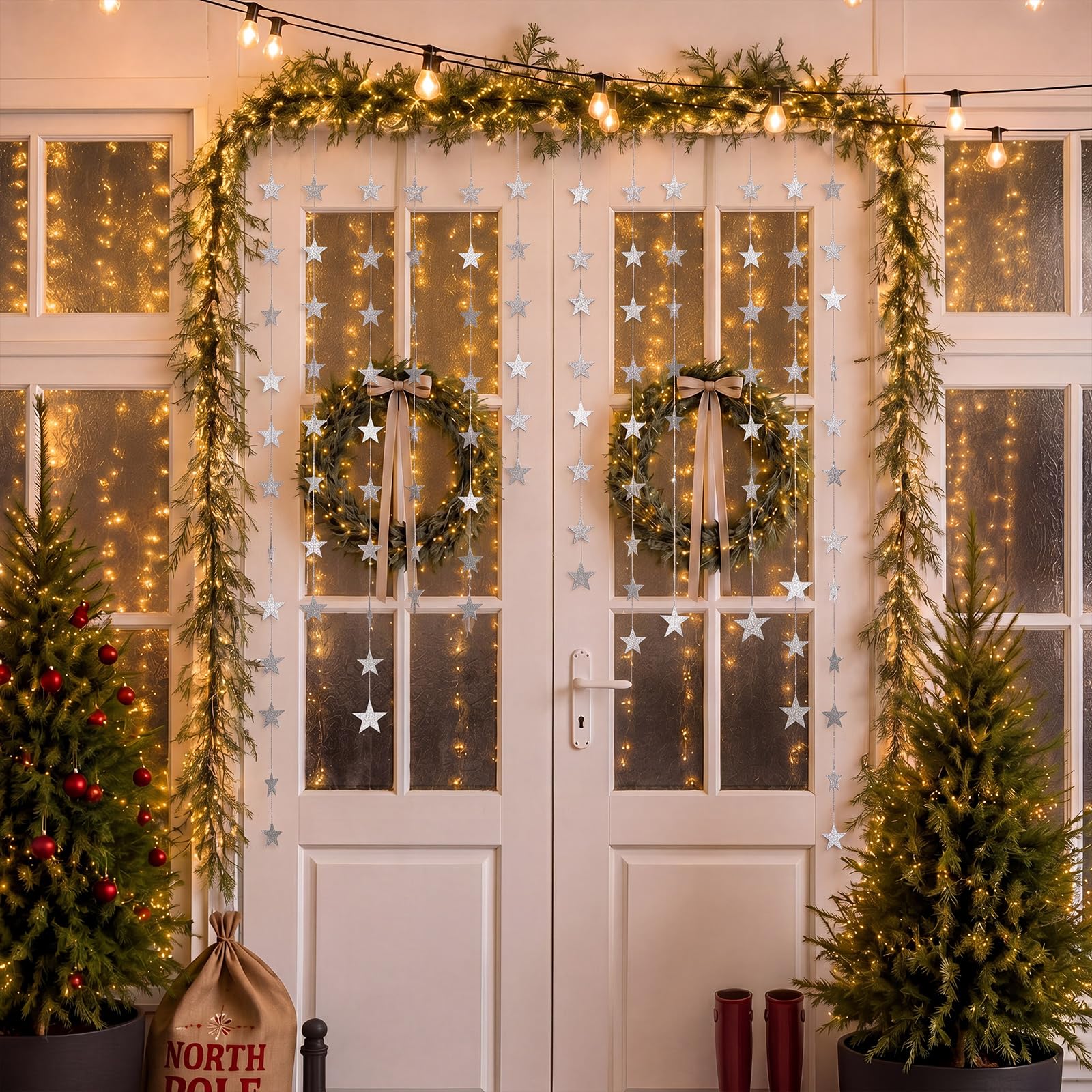 Dingion Weihnachtsgirlande mit Lichtern, Weihnachtstreppen-Dekor-Set, 4 m, Glitzerstern-Banner, batteriebetrieben, LED-beleuchtete Girlande für Weihnachten, Heimdekoration, Innentreppen, Geländer