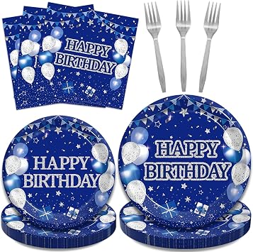 Kepeel Birthday Plates and Napkins Set, Blue Silver, Serves 24