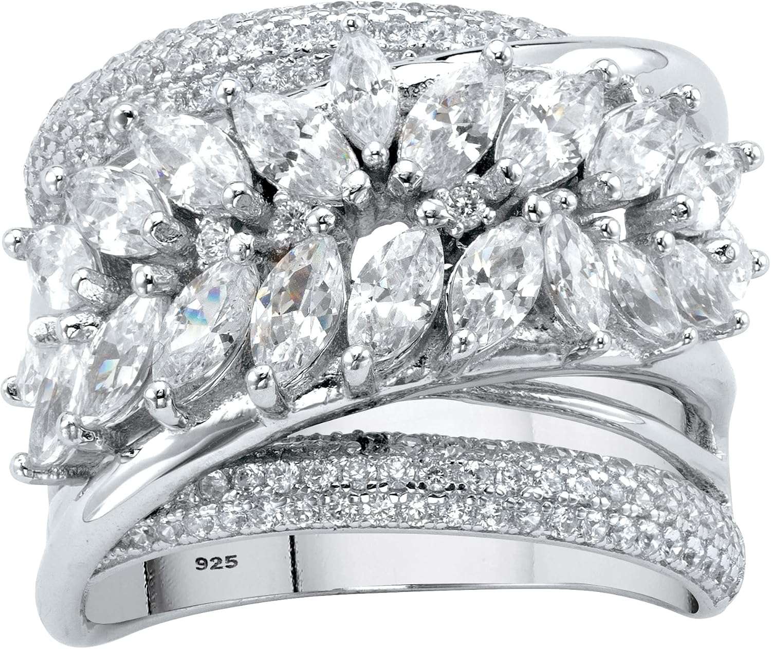 Platinum over Sterling Silver Marquise Cut Cubic Zirconia Diagonal Leaf Crossover Ring
