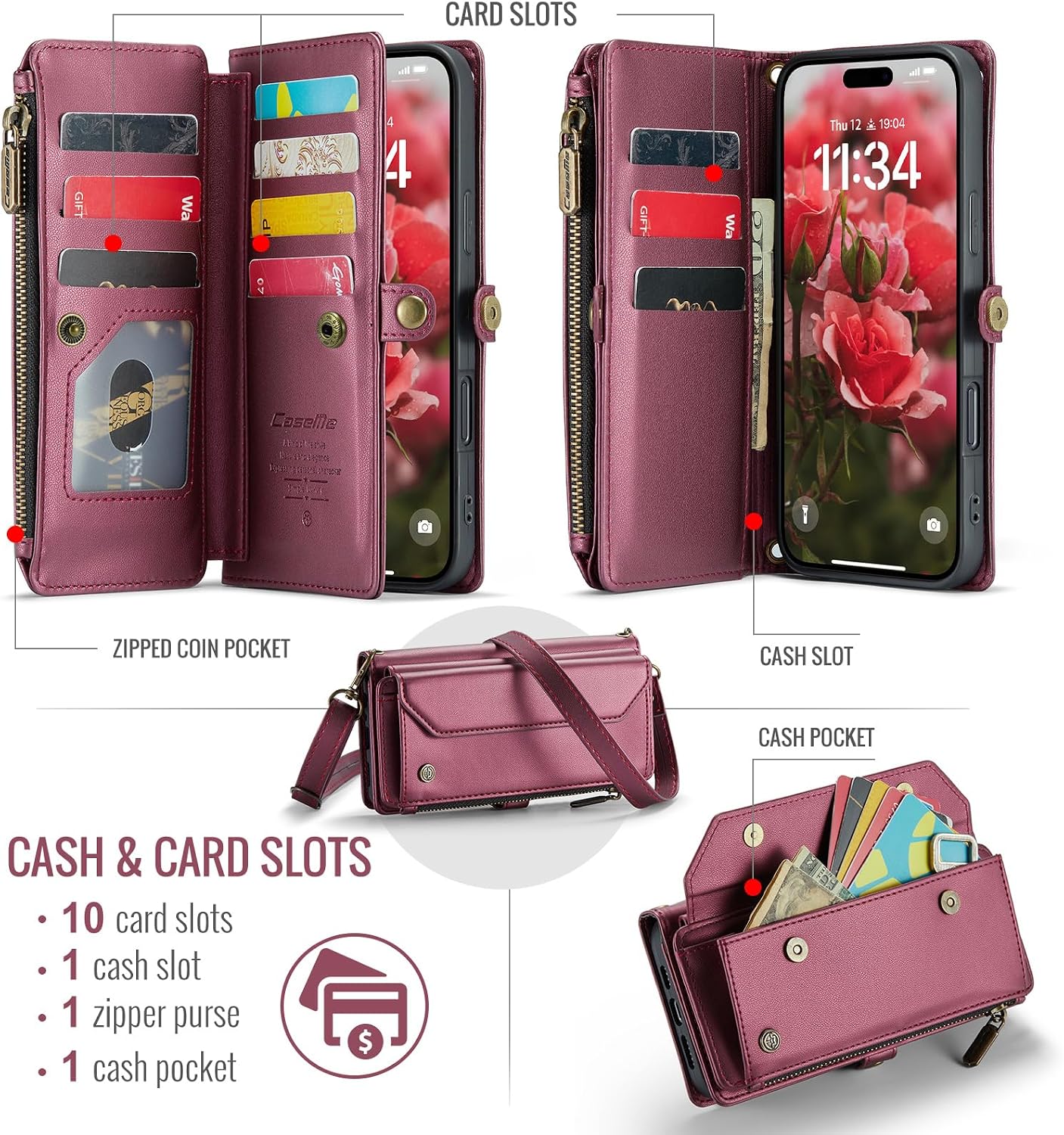 for iPhone Air Case, Women Men Multi-Function Wallet Case with Stand RFID Blocking Featuring Magnetic Closure Zipper Includes Shoulder Strap Wrist Strap (Red)