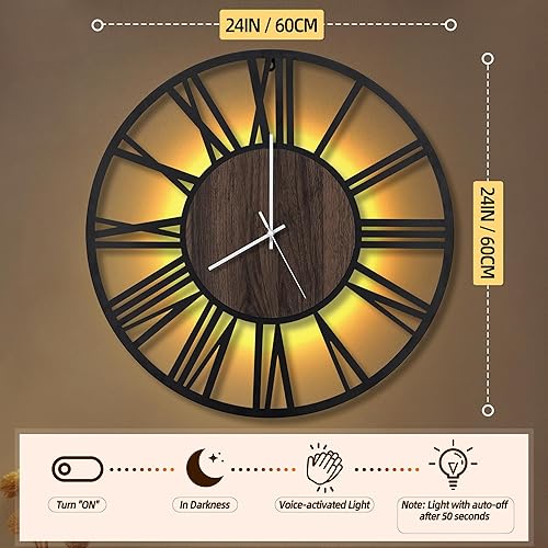 Miniatura 2 de LEIKE Reloj de pared LED grande, silencioso, sin tictac, funciona con pilas, rústico, redondo, moderno, reloj de pared de madera grande para sala de