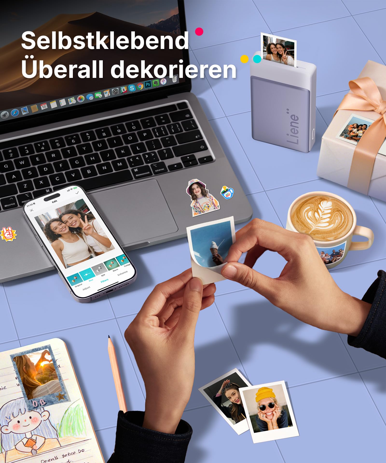 Liene Pearl N200 Pro Plus Tragbarer Mini-Fotodrucker Farbsublimation 300 dpi Bluetooth Sofortbilddrucker Violett
