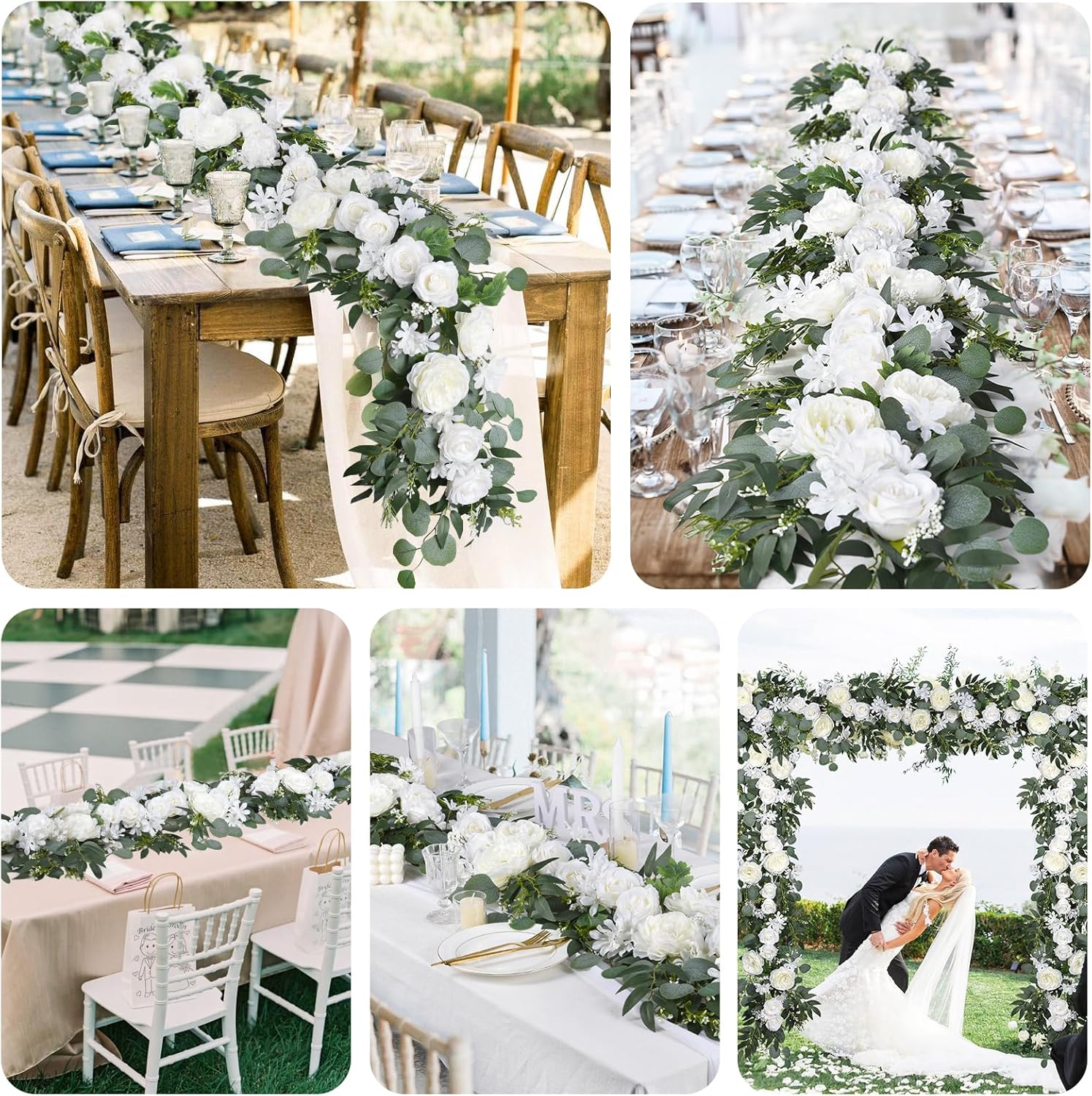 Lvydec 2 Pack Artificial Peony Flower Garland - 6ft Silk Peony Vine Willow Leaves and Eucalyptus Garland White Arch Flower Vine for Wedding Party Table Decoration (White)