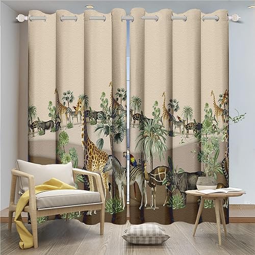Vista 8 de Yeele Cortinas de 21 x 45 pulgadas para niños, diseño de animales de safari con ojales, estampado de selva de dibujos animados, aislamiento térmico
